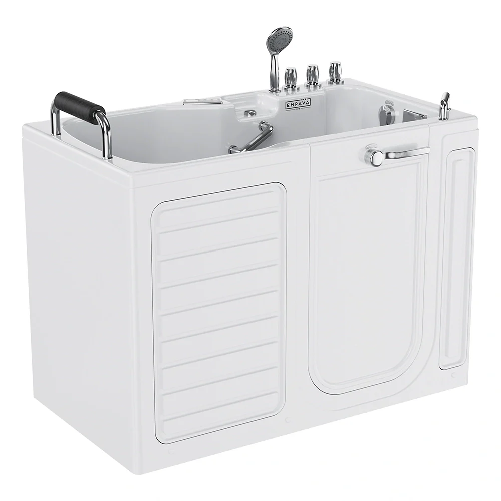 White alcove inline bathtub with side access doors, chrome faucets, and handheld showerhead