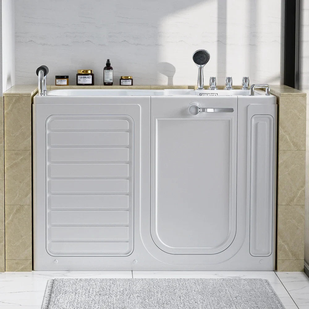 White alcove walk-in soaking tub front with door panel, chrome shower, and faucet