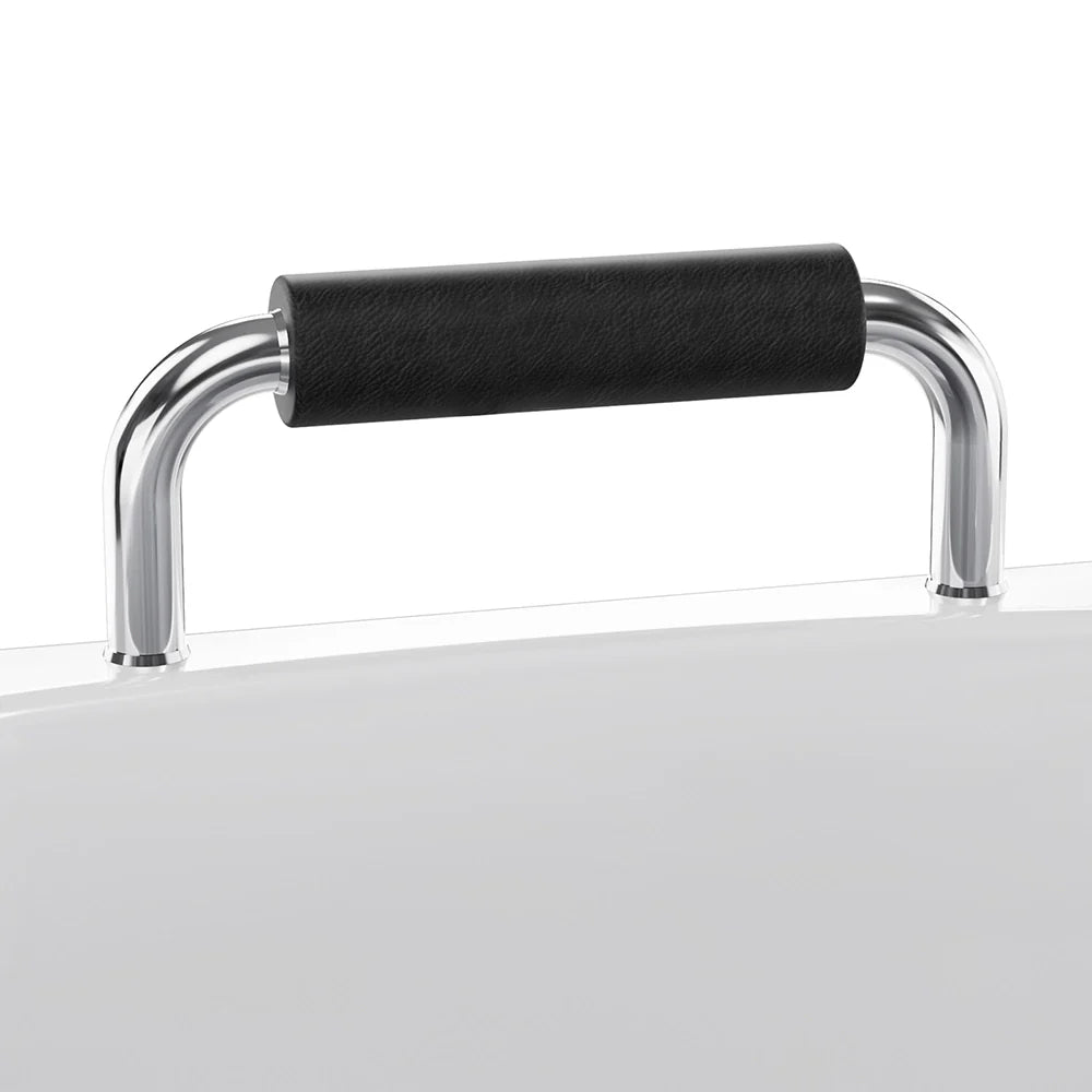 Chrome grab bar with black grip on a white walk-in soaking tub