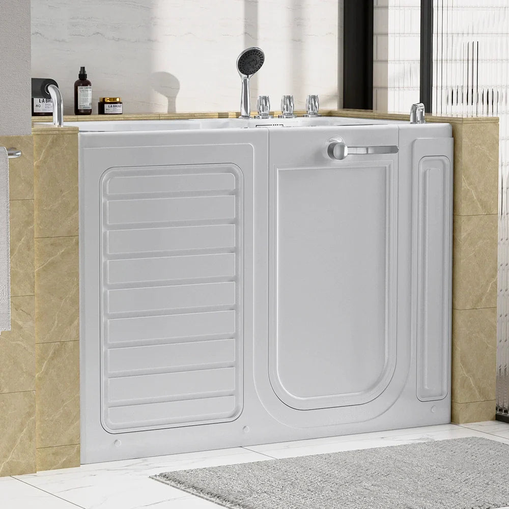 White alcove walk-in soaking tub with front access door panel and chrome faucet