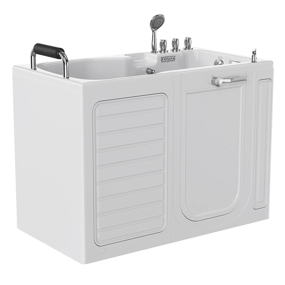 White walk-in soaking tub with chrome grab bars, showerhead, and faucet controls