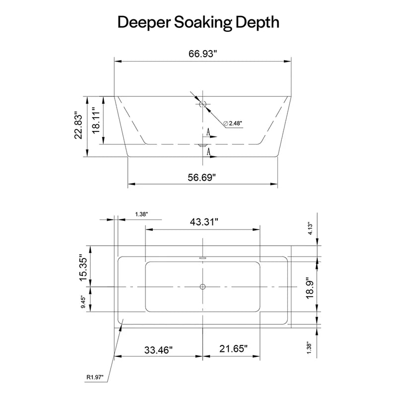Soaking tub depth dimension diagram with labeled measurements and center drain view.