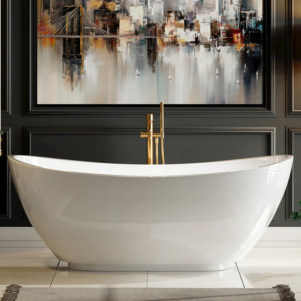 Freestanding white soaking tub with gold faucet and center drain
