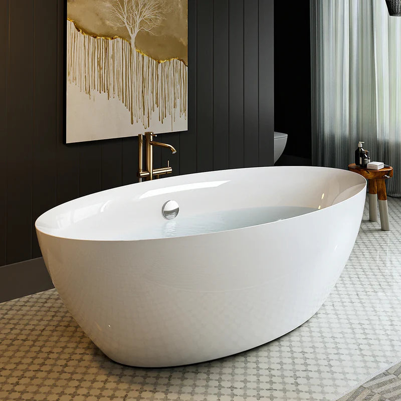 White freestanding soaking tub with center drain visible at top rim