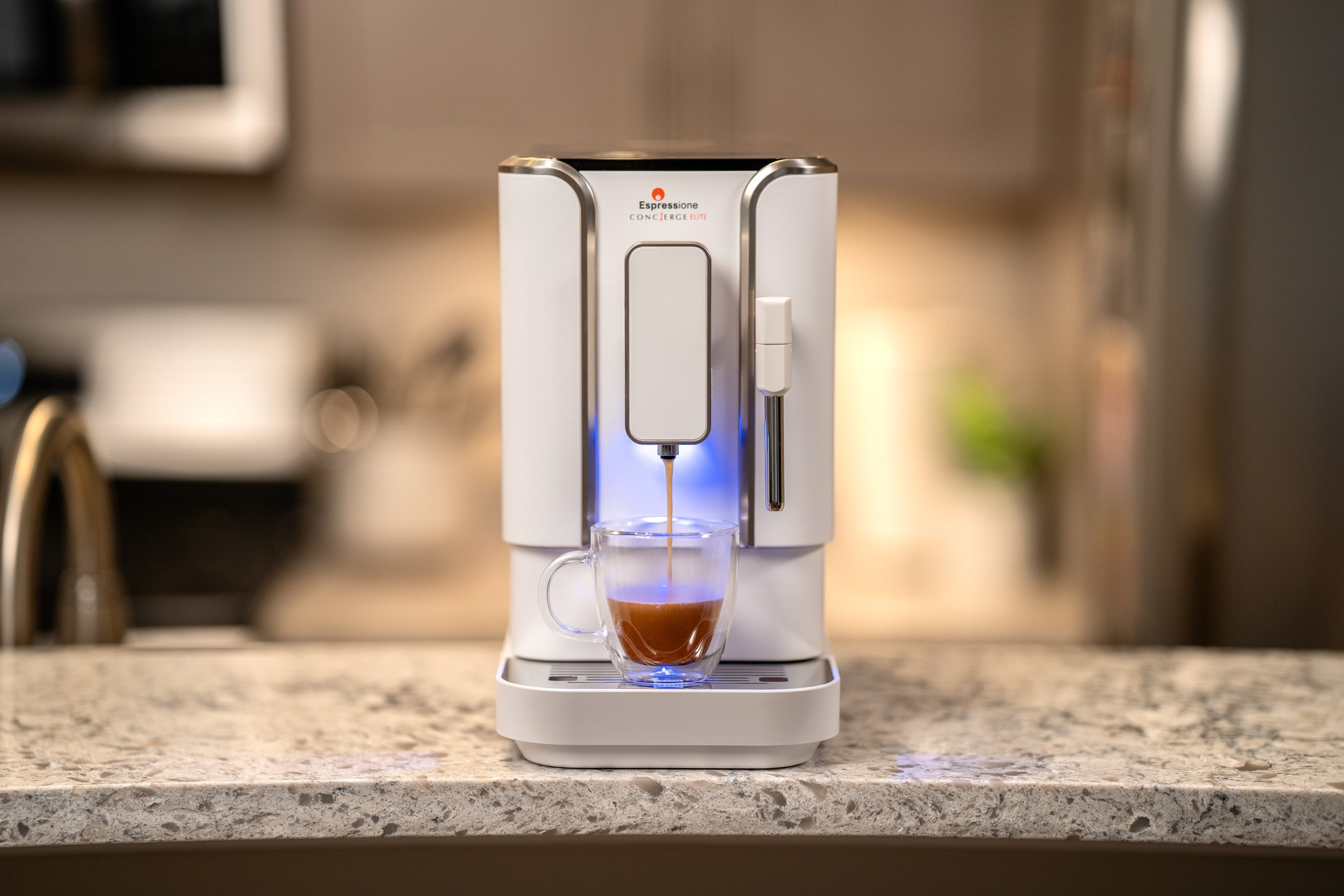 Diamond white bean to cup espresso machine dispensing into cup on drip tray