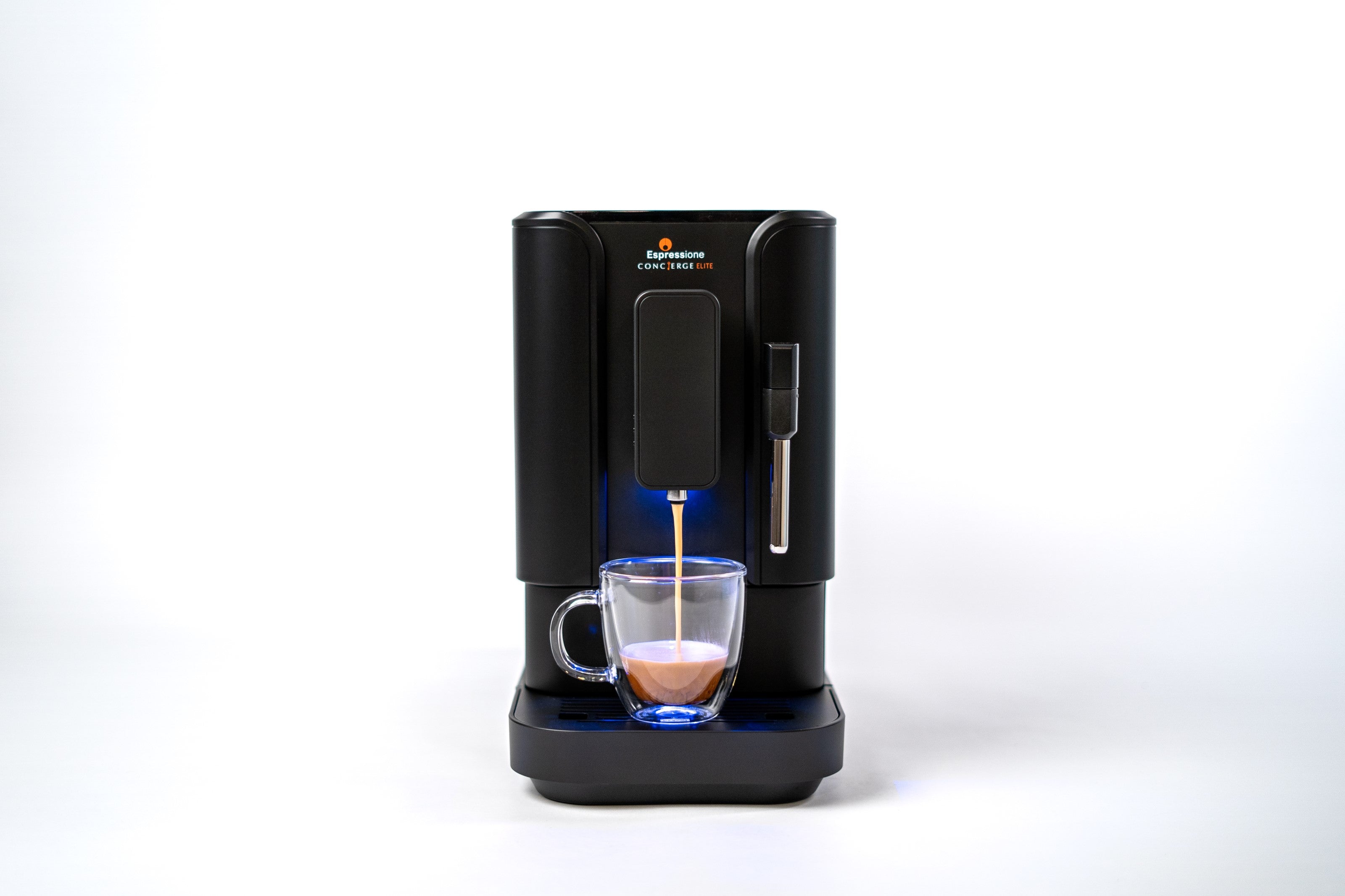 Black fully automatic espresso machine on stand with glass cup