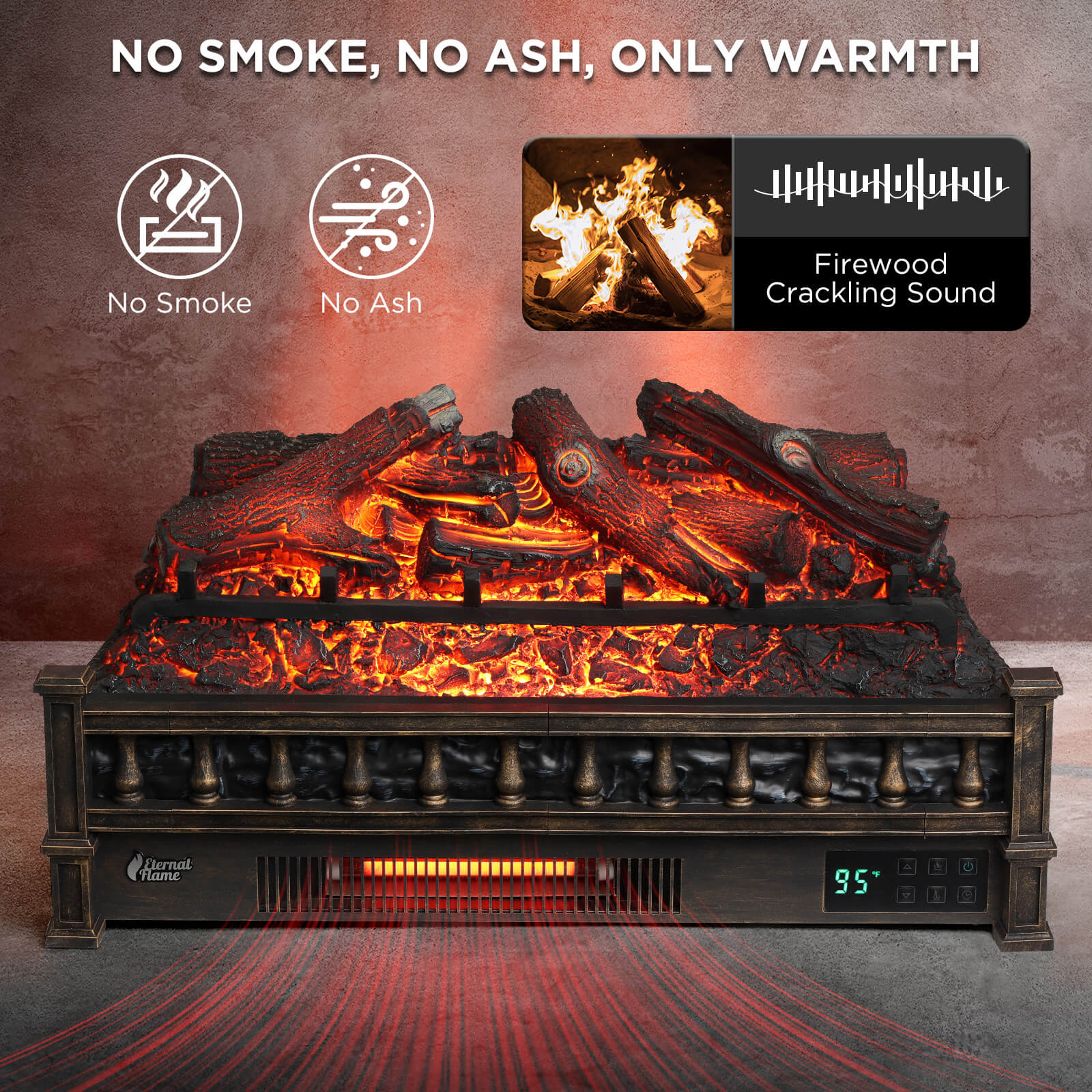 Black electric fireplace with glowing log set and crackling sound display