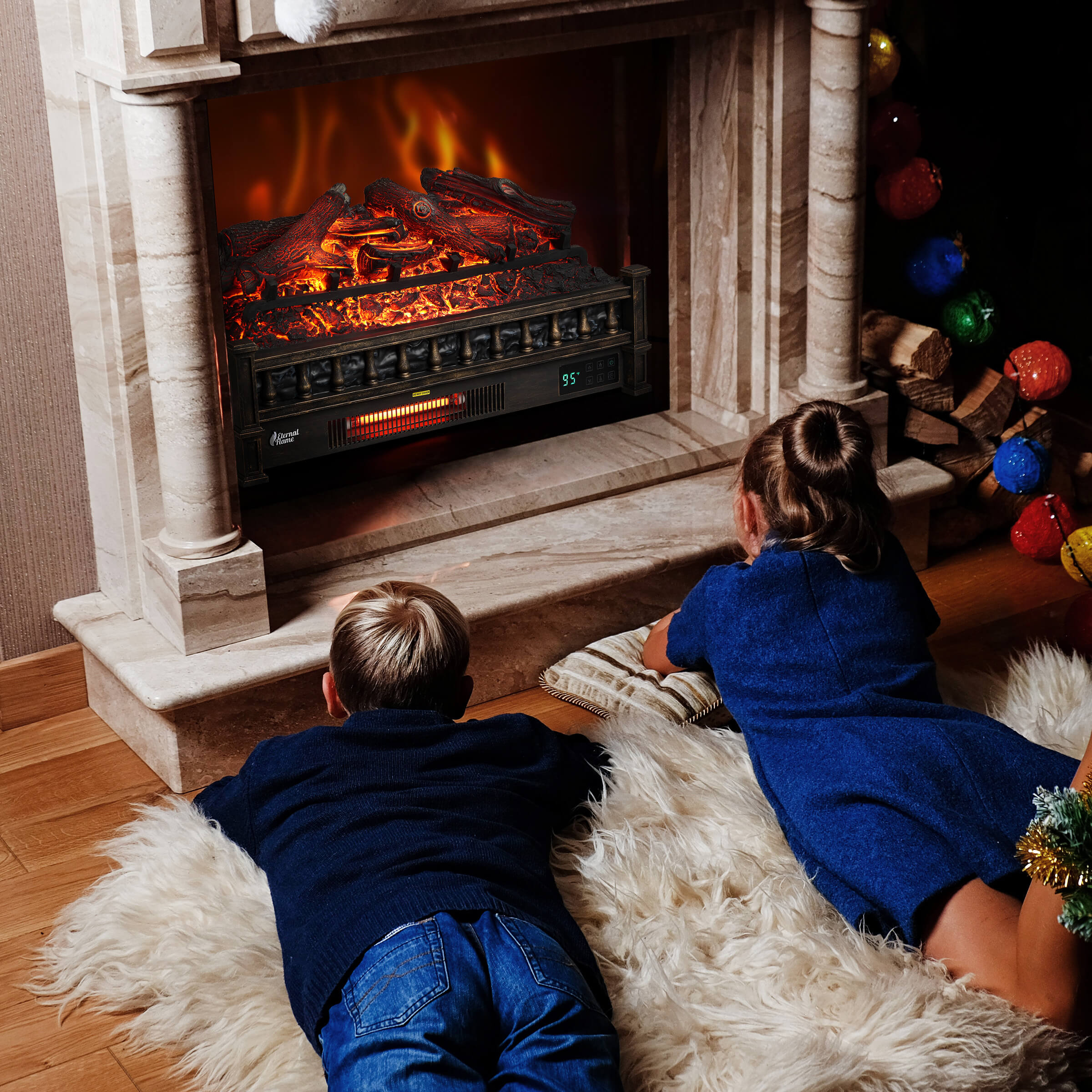 Electric fireplace logs with glowing embers inside a stone fireplace surround