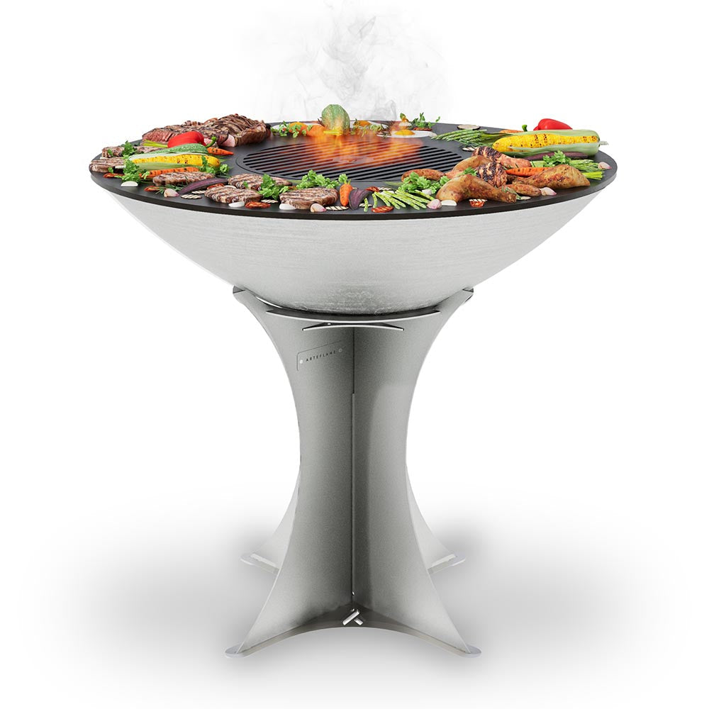 Stainless steel multi-zone round fire grill with cooking grate, flames, pedestal stand