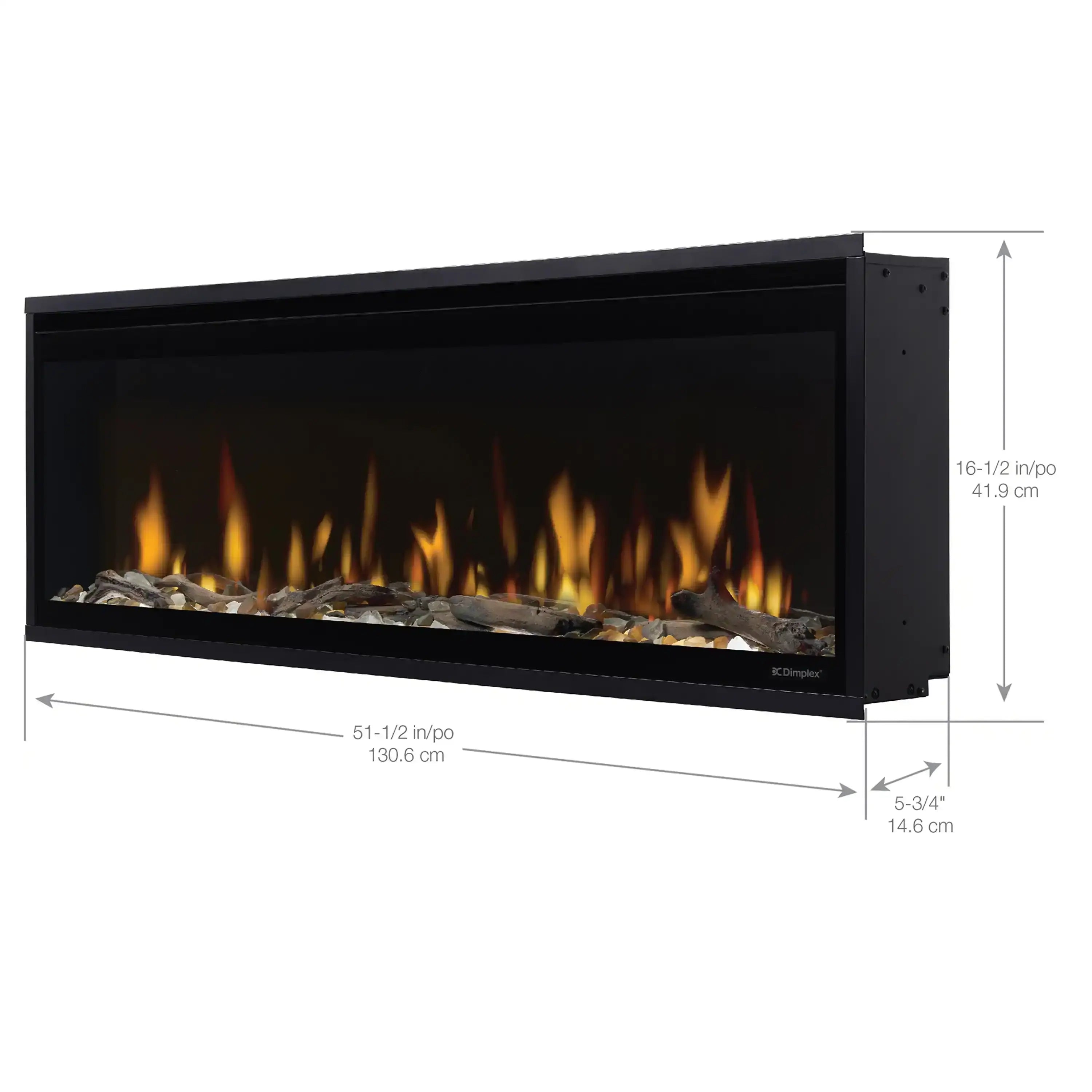 Black linear electric fireplace with glowing flame effect and rock bed, front view