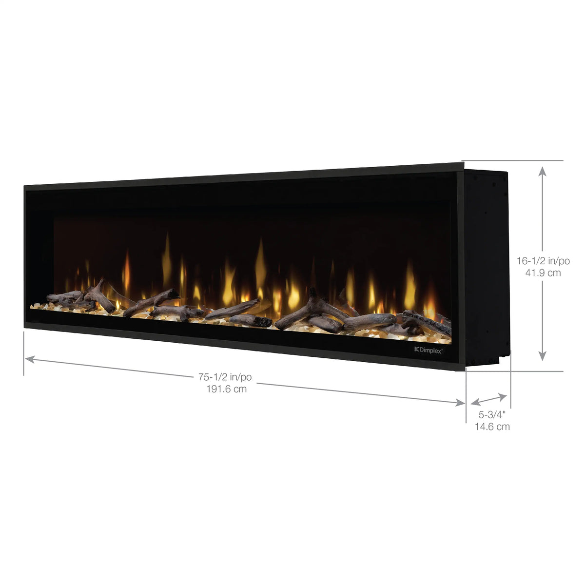 Built-in linear electric fireplace dimension diagram with flame window and black housing