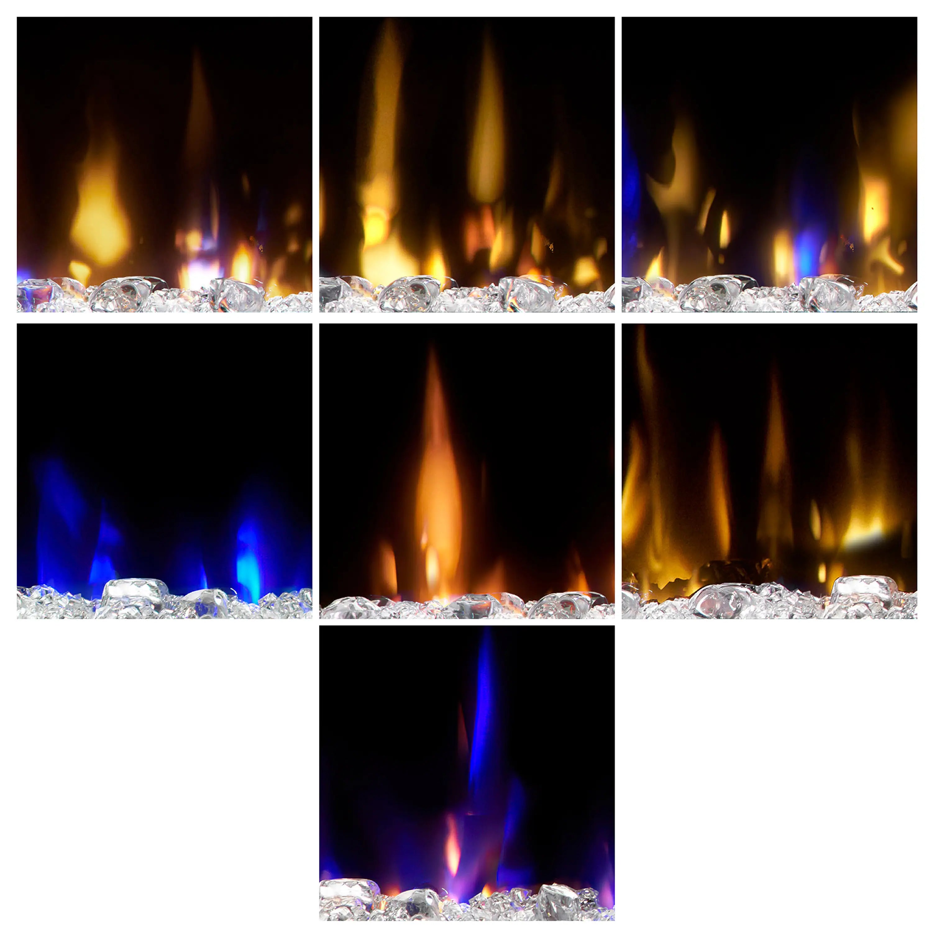 Linear electric fireplace flame effect with multicolor flames over faux silver rocks