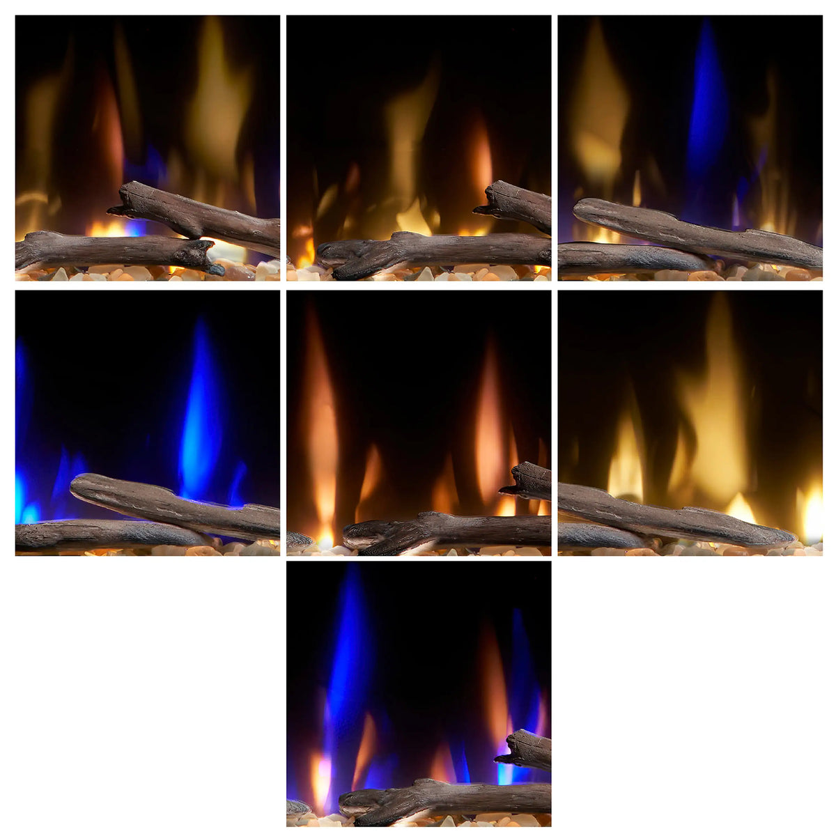 Linear electric fireplace with gray logs and glowing embers, blue and orange flames