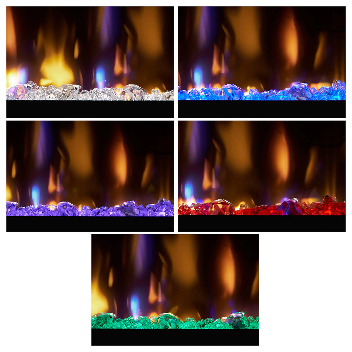 Linear electric fireplace flame effect with blue and green highlights over faux embers