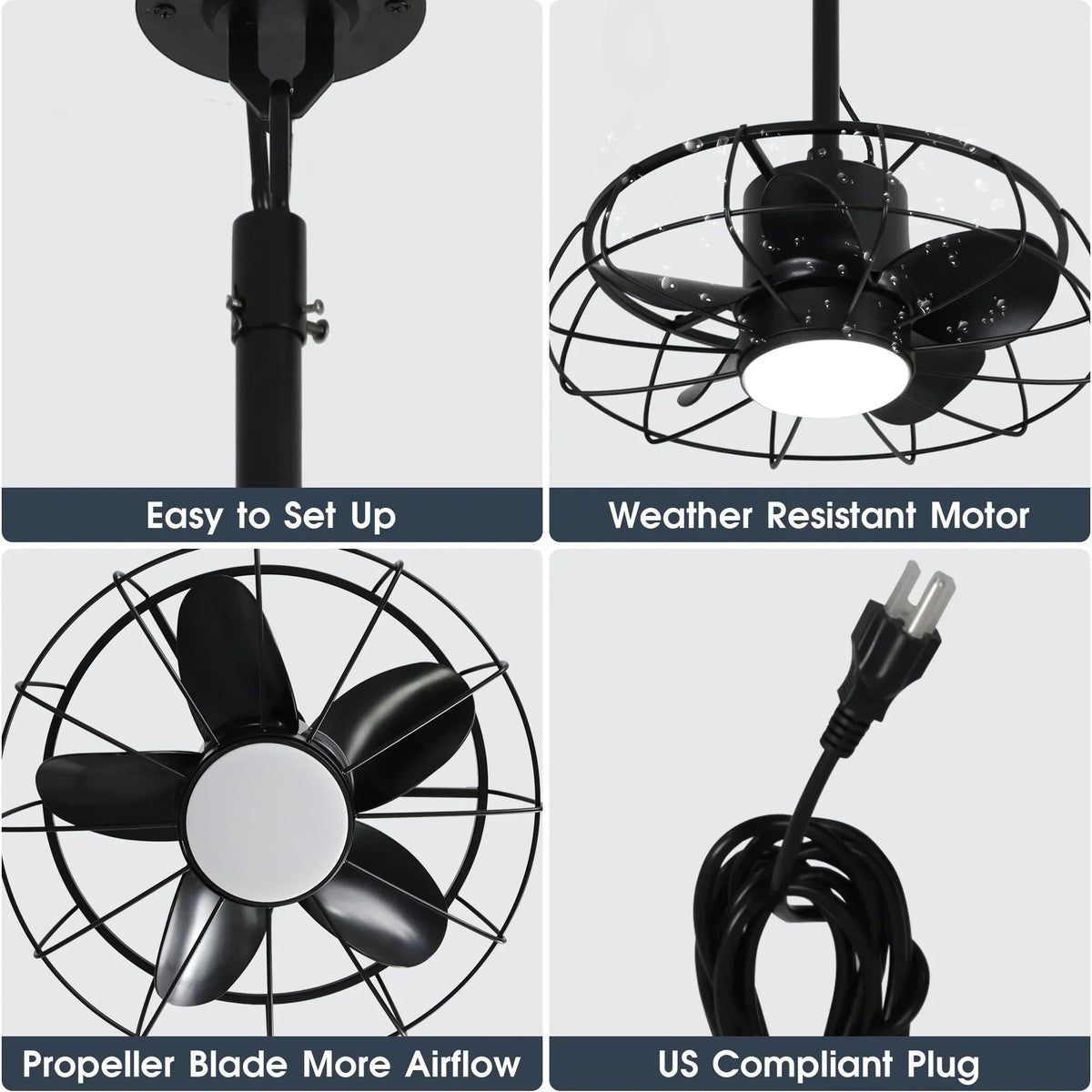 Black outdoor plug-in ceiling fan infographic with wire cage, blades, and power plug