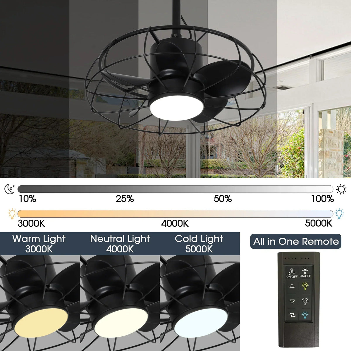 Black outdoor DC motor ceiling fan with cage, hanging downrod, and integrated light