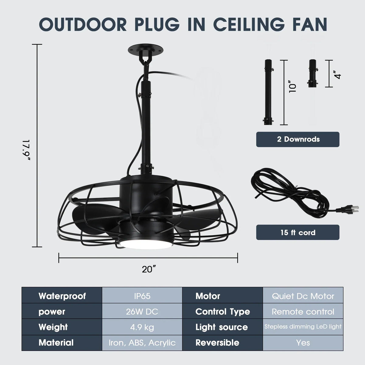 Black outdoor plug-in ceiling fan diagram showing wire cage guard and integrated light