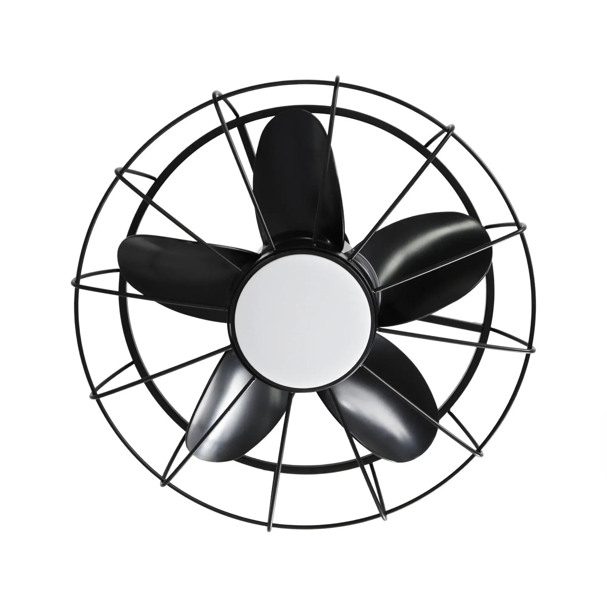 Black ceiling fan with wire guard and four blades around a round light