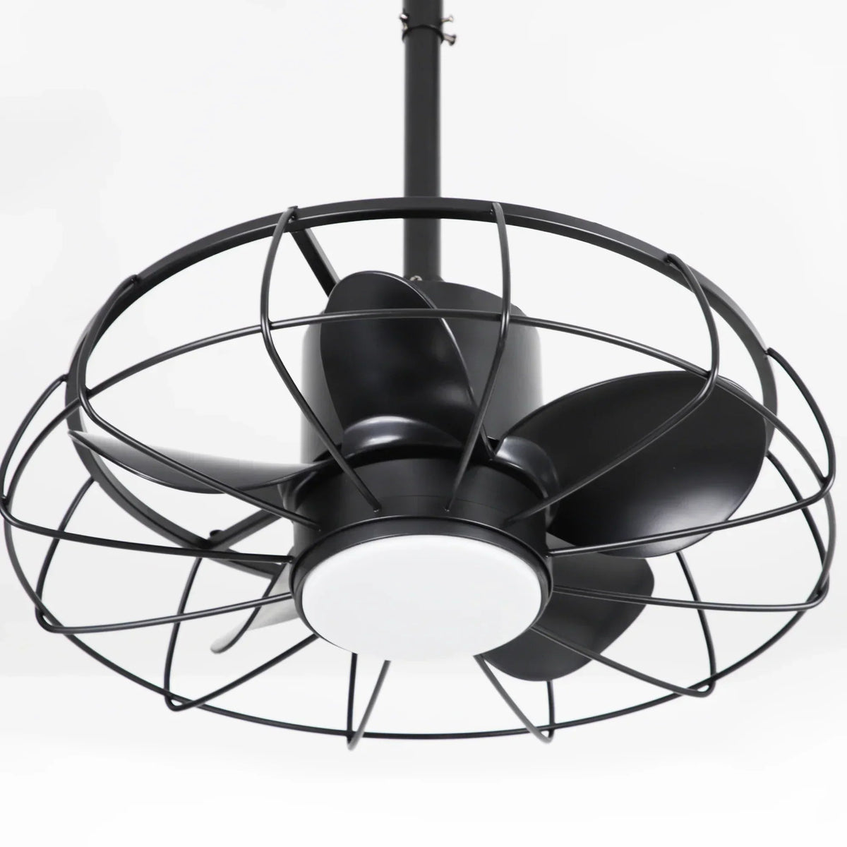 Black ceiling fan with wire cage guard, curved blades, and central round light