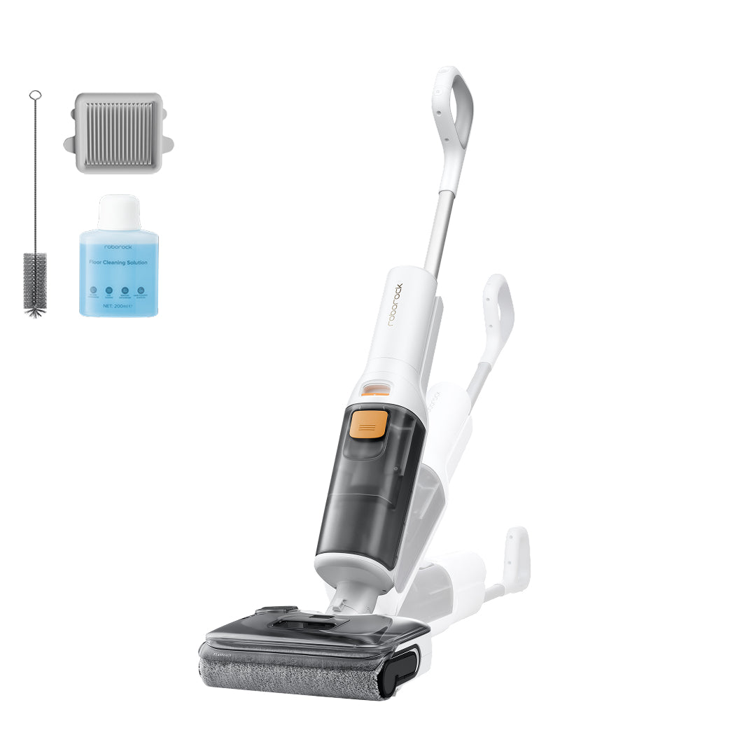 Roborock wet and dry vacuum cleaner with mop head, dust bin, and accessory bottle