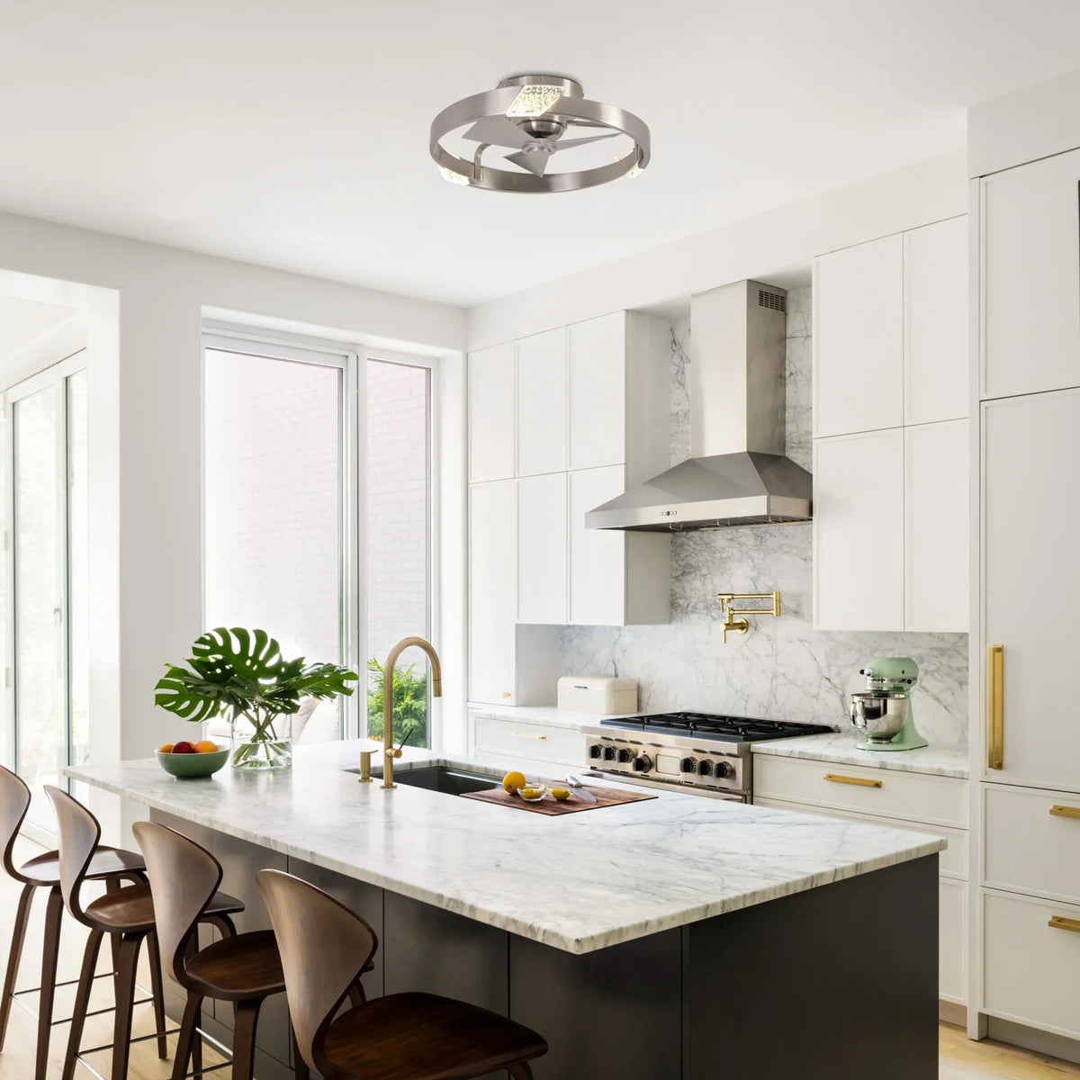 Satin nickel flush-mount LED ceiling fan in a bright kitchen