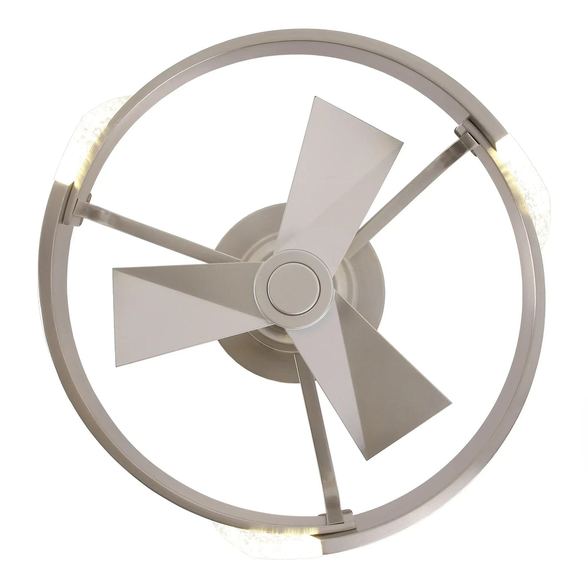 Satin nickel flush-mount LED ceiling fan with 5-blade ring design and center hub