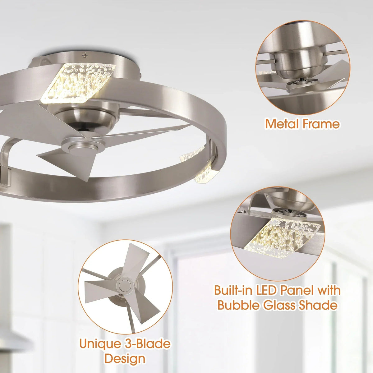 Parrot Uncle 20-Inch Hazel Satin Nickel Flush Mount LED Ceiling Fan with Remote Control (F3009)