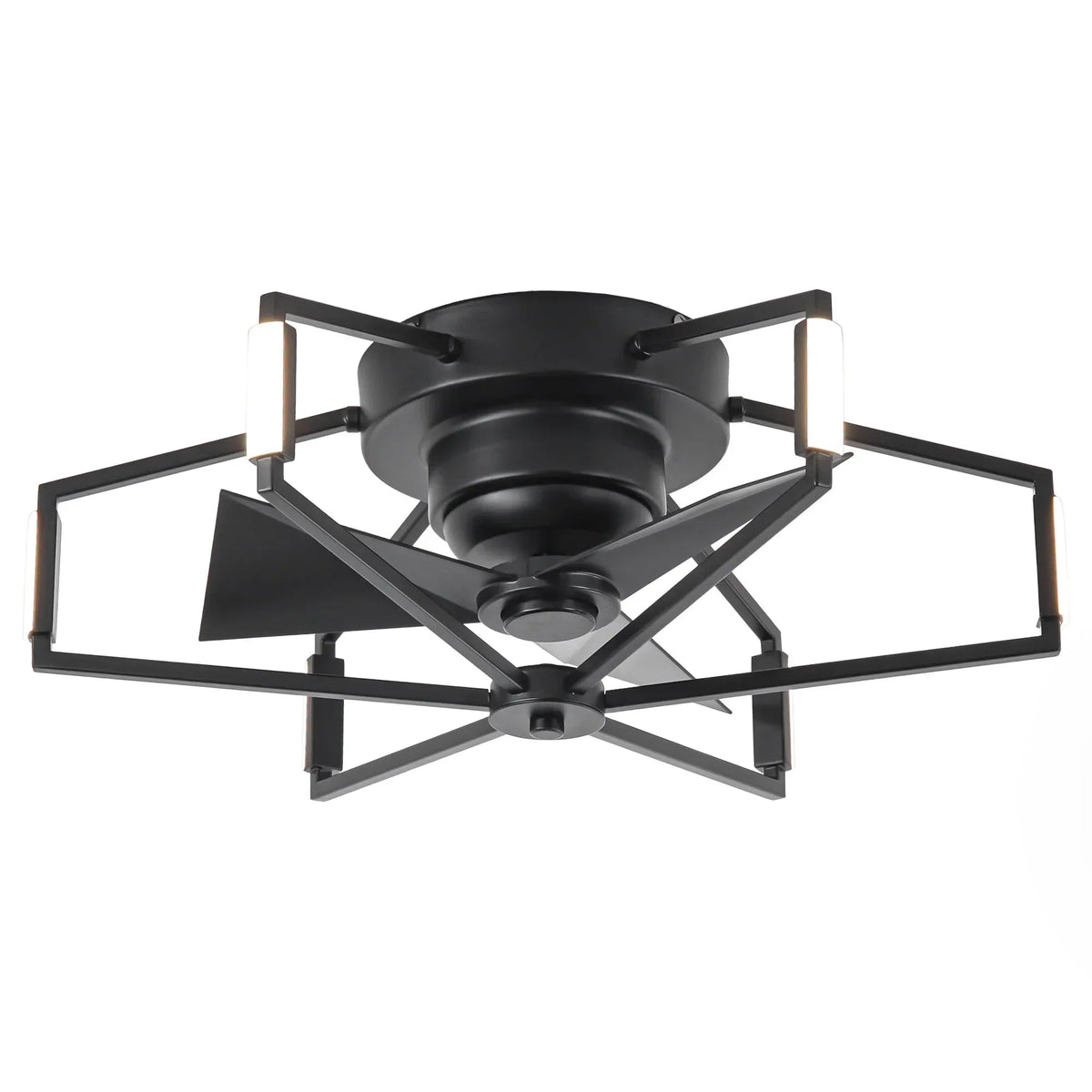 Black industrial LED flush-mount ceiling fan with rectangular light panels and blade arms