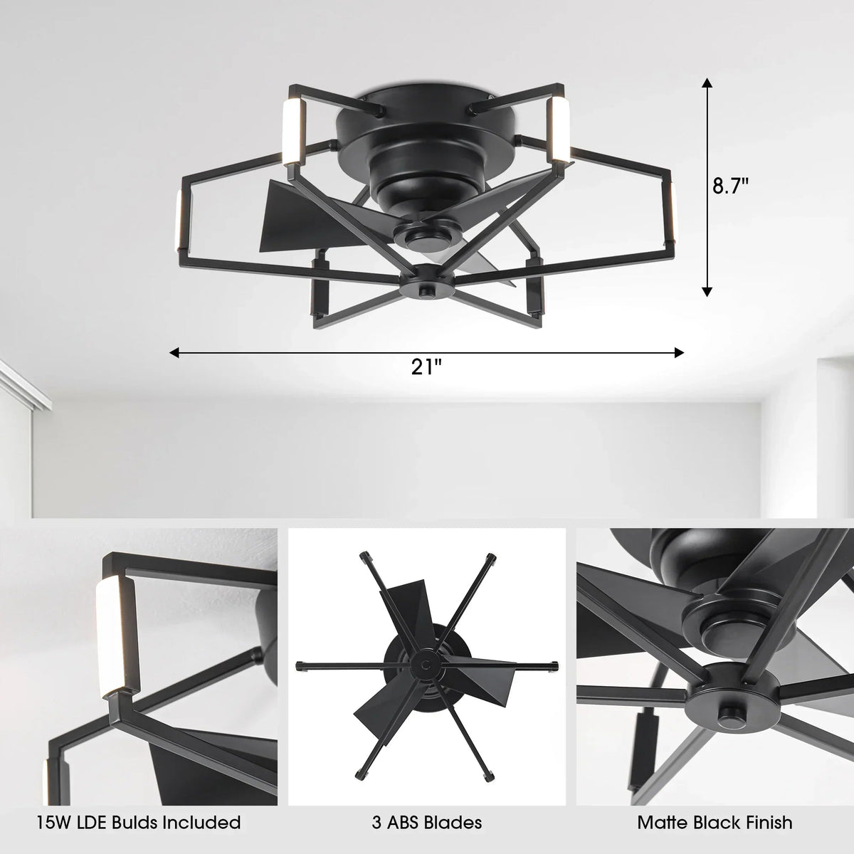 Parrot Uncle 21-Inch Wade Black Industrial Flush Mount LED Ceiling Fan (F3010)