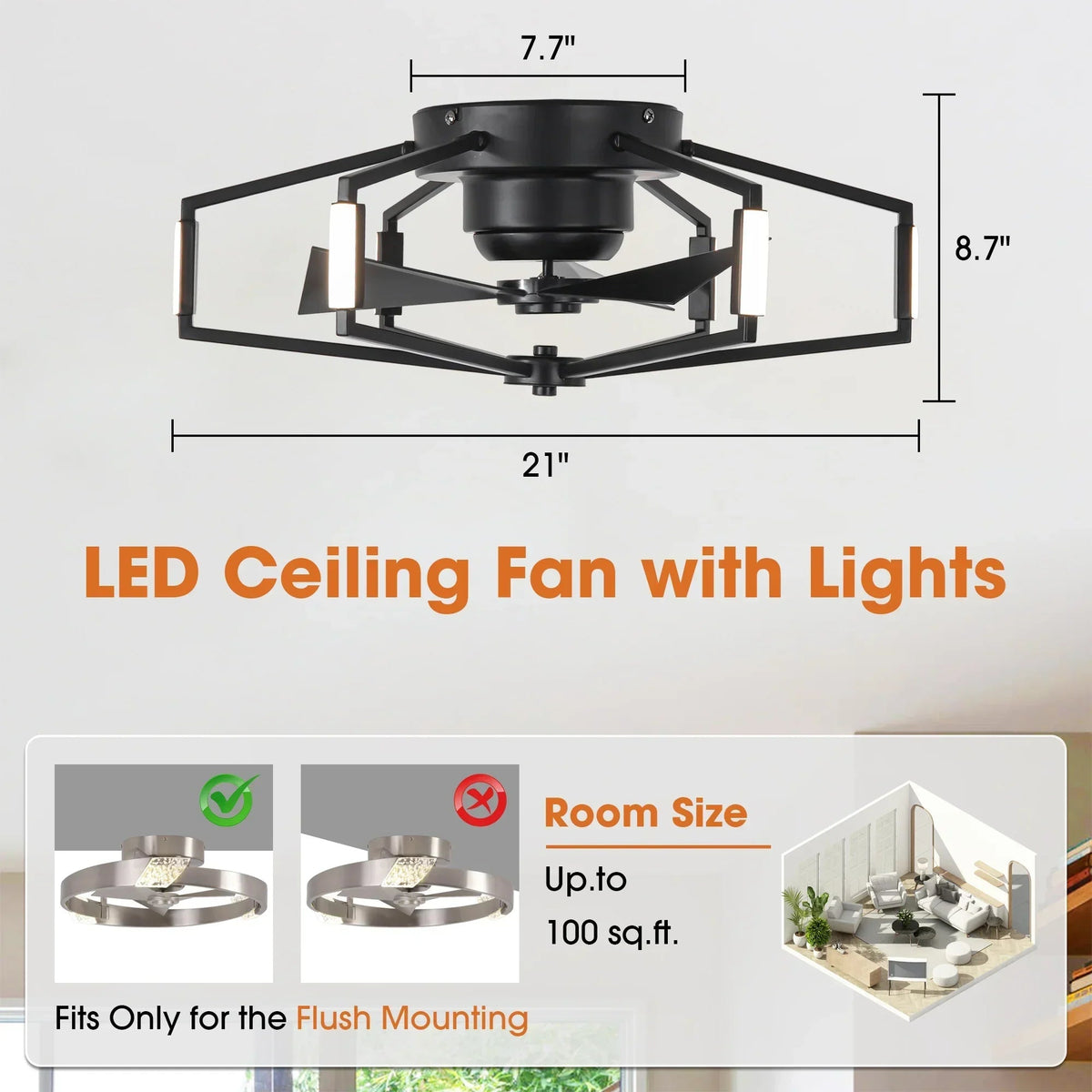 Parrot Uncle 21-Inch Wade Black Industrial Flush Mount LED Ceiling Fan (F3010)