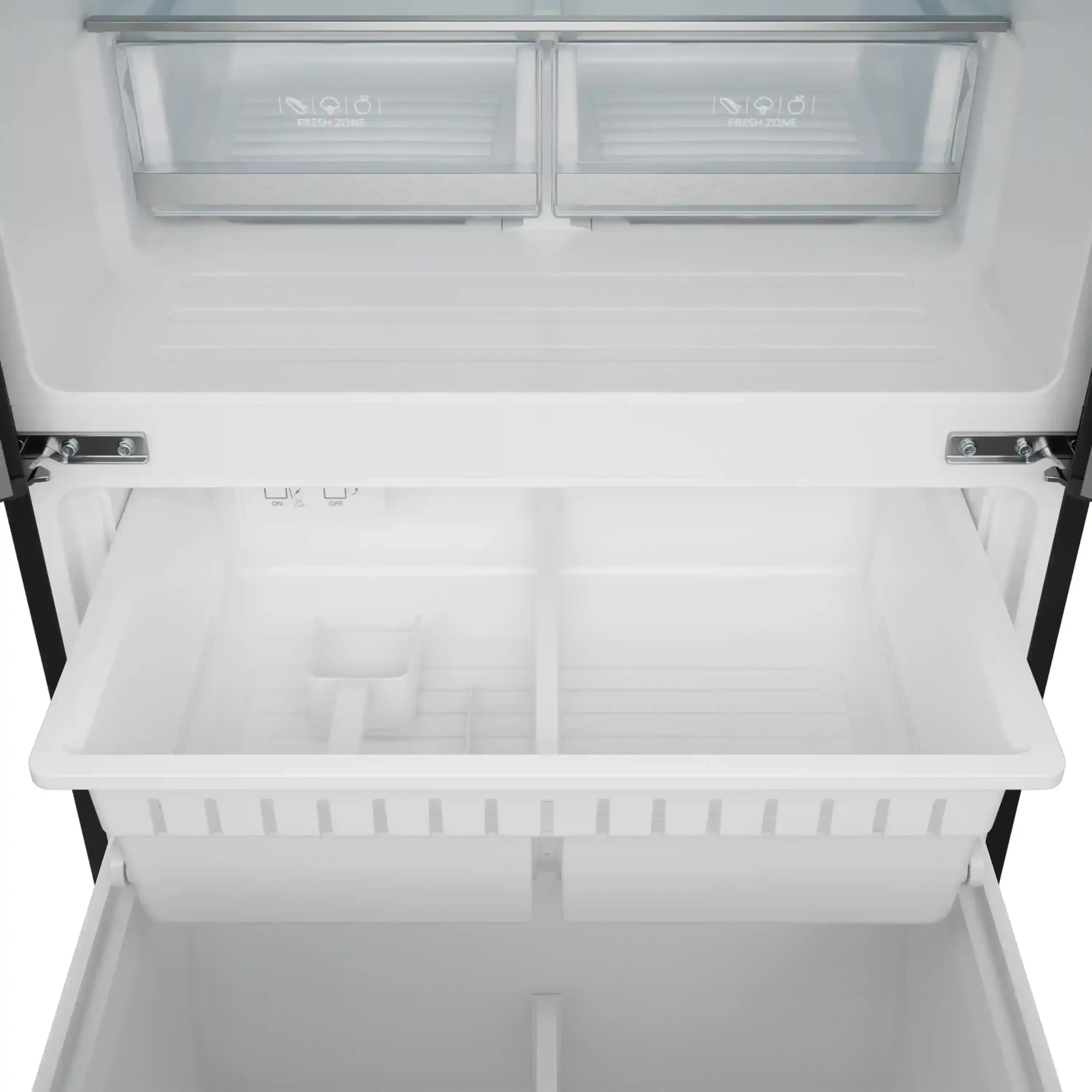 White freezer drawer interior with shelves and divider rails