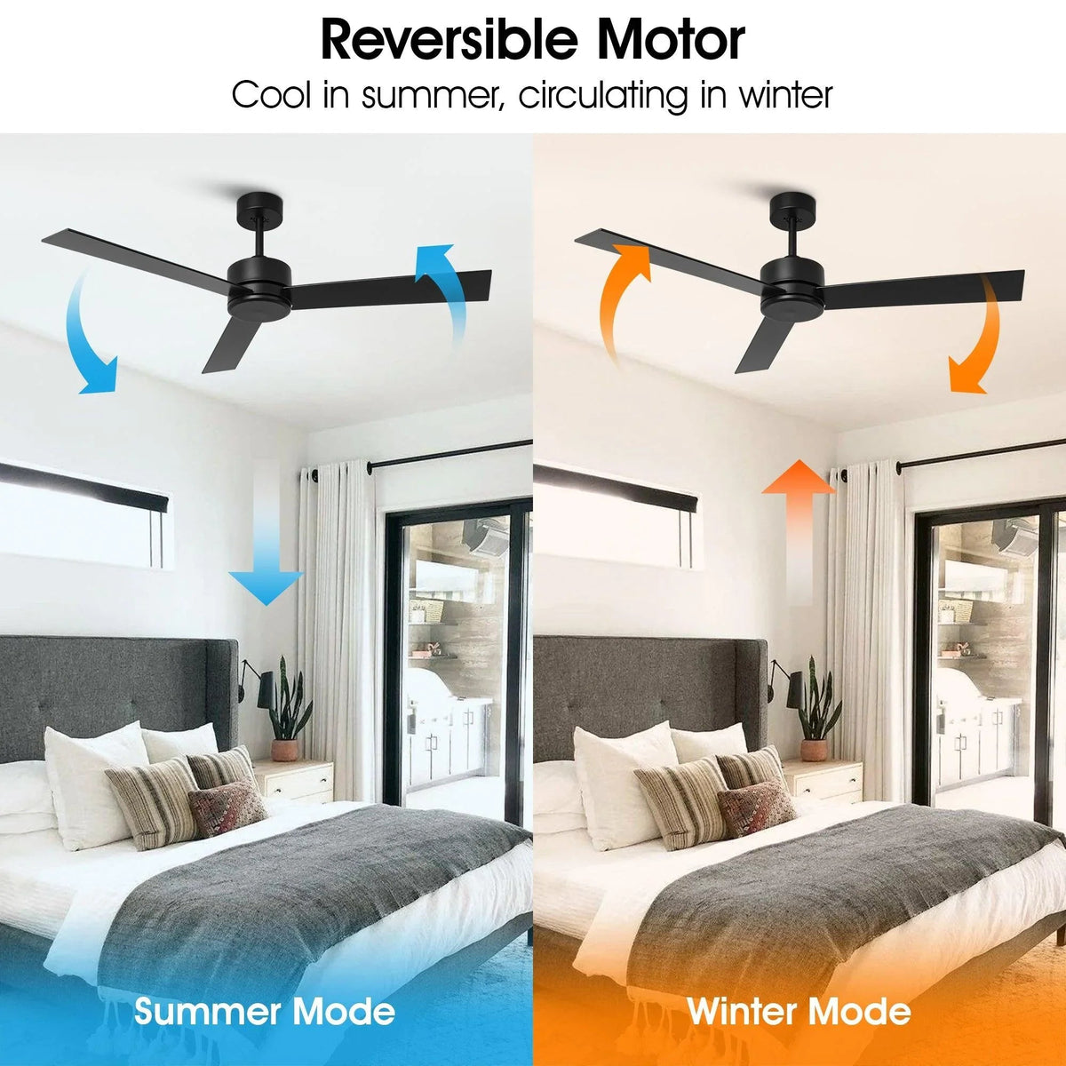 Black ceiling fan with reversible airflow direction shown around the blades