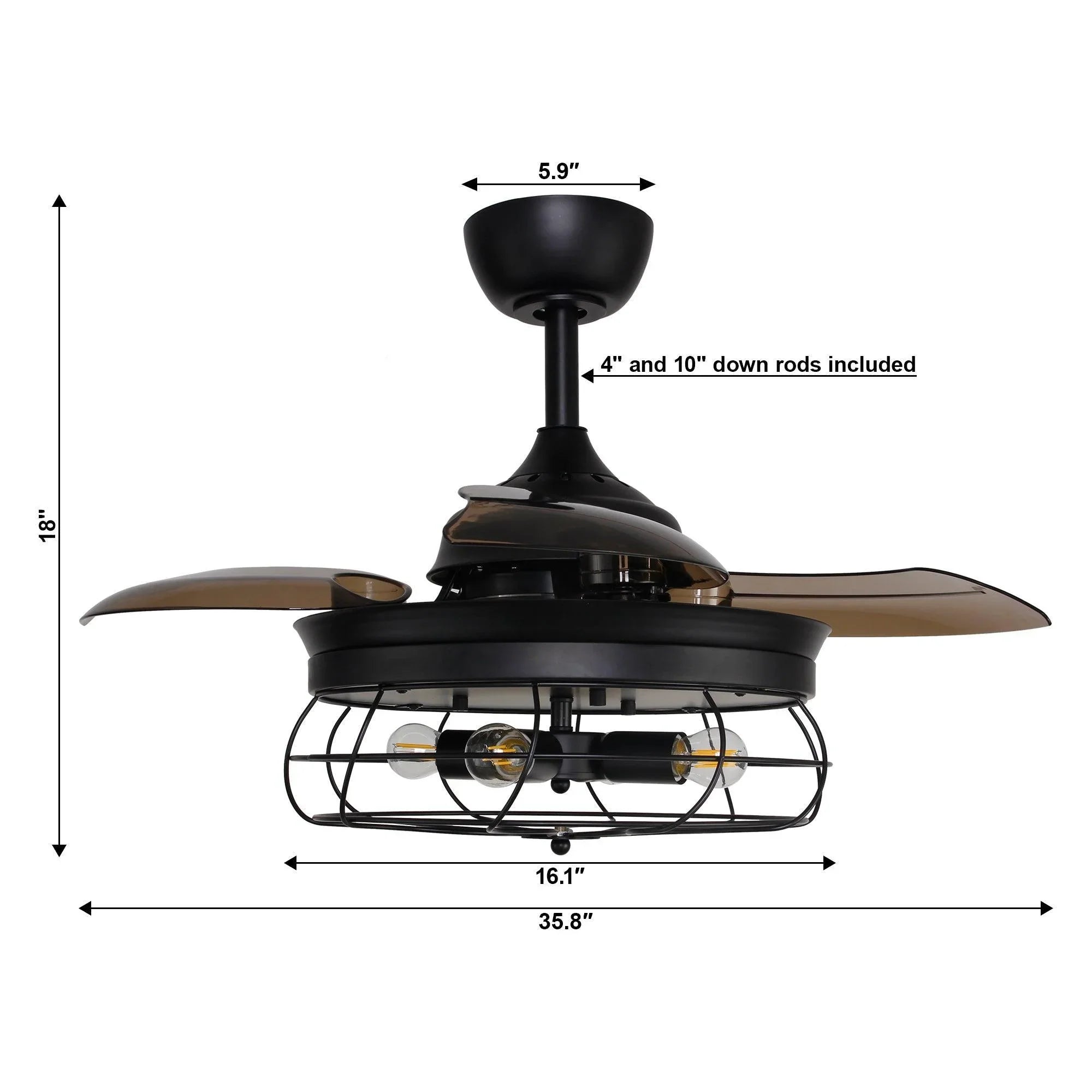 Black ceiling fan with cage light, shown with overall width and height measurements