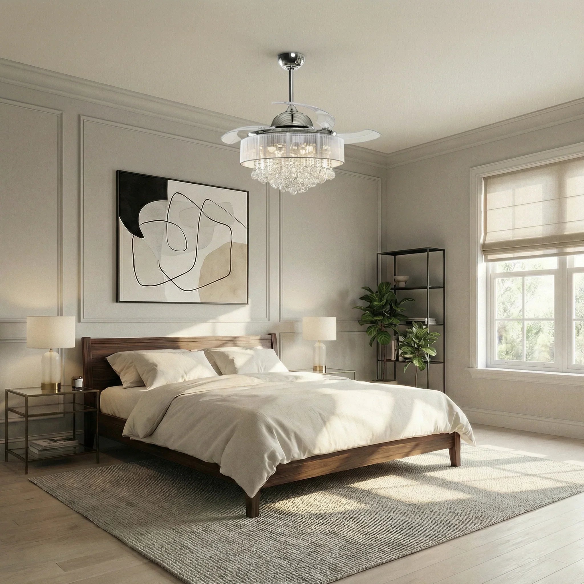 Chrome ceiling fan with clear glass chandelier light and four-blade design