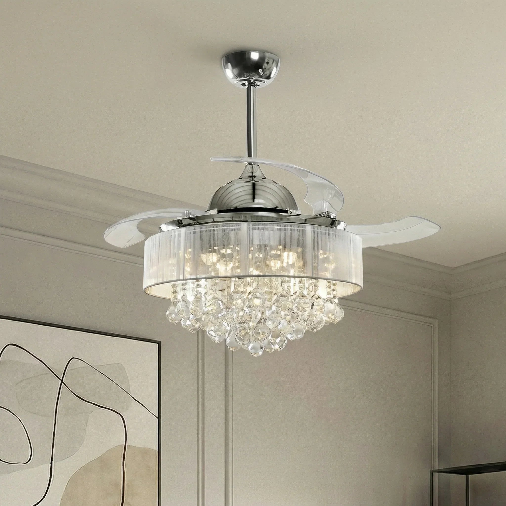 Chrome ceiling fan light kit with clear glass drum and sparkling crystal accents