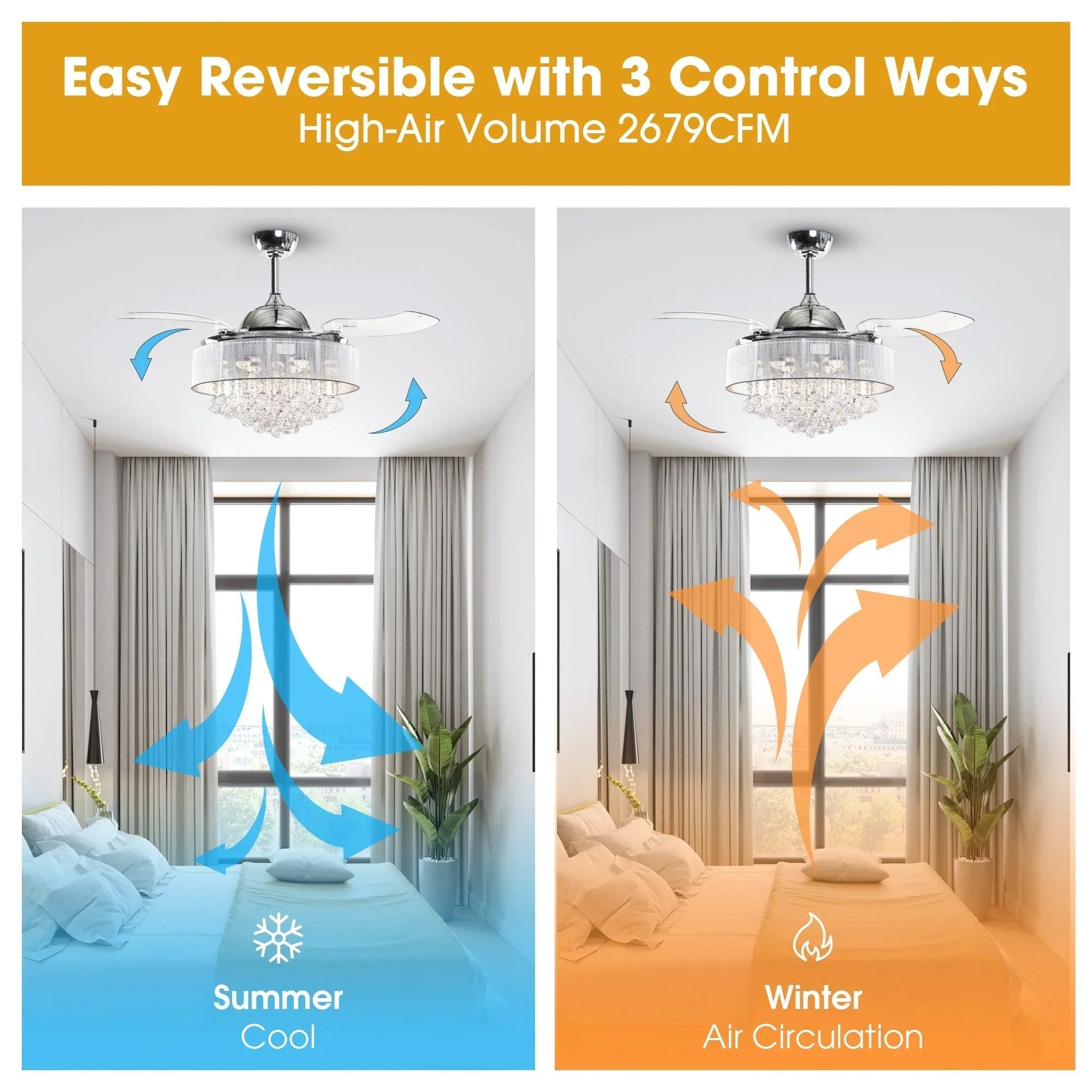 Chrome smart ceiling fan with crystal LED light, shown for summer cooling and winter airflow
