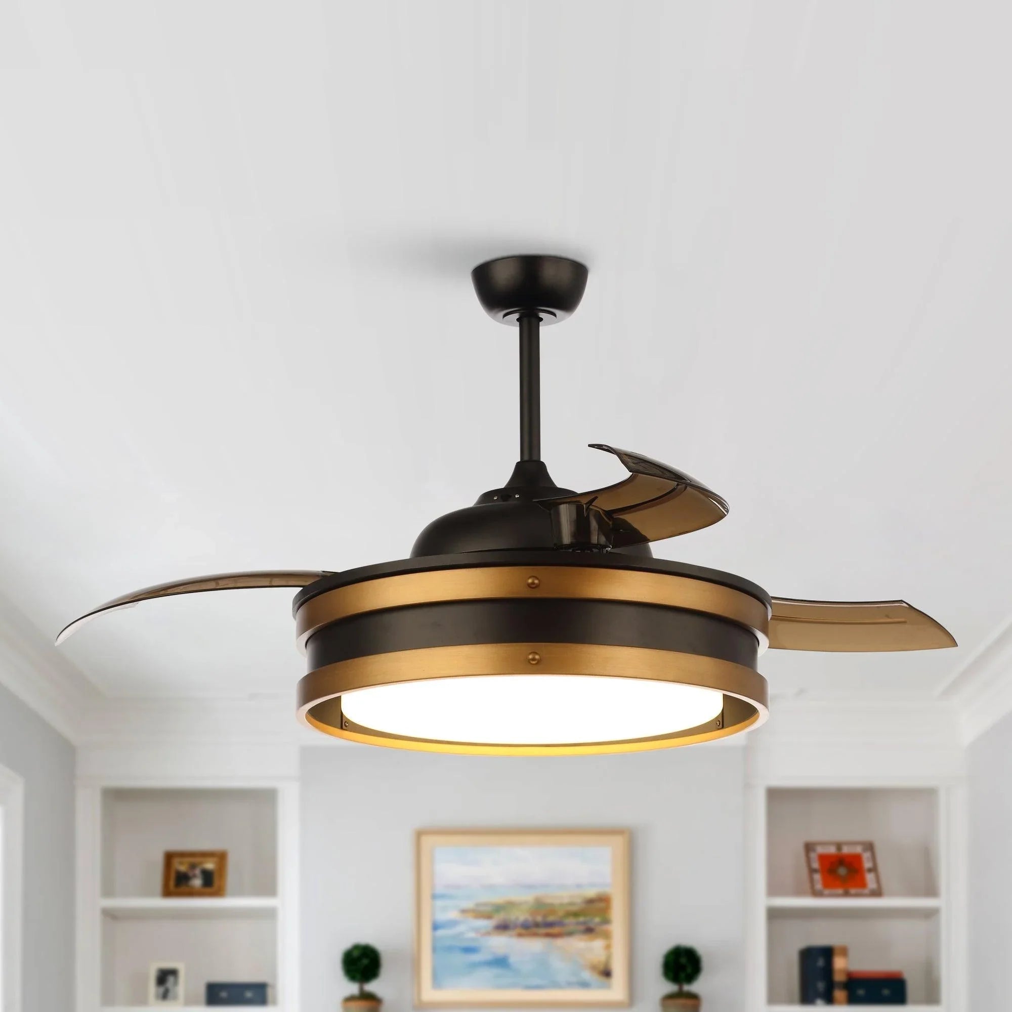 Black 52-inch ceiling fan with LED light ring and bronze blades, centered on ceiling.
