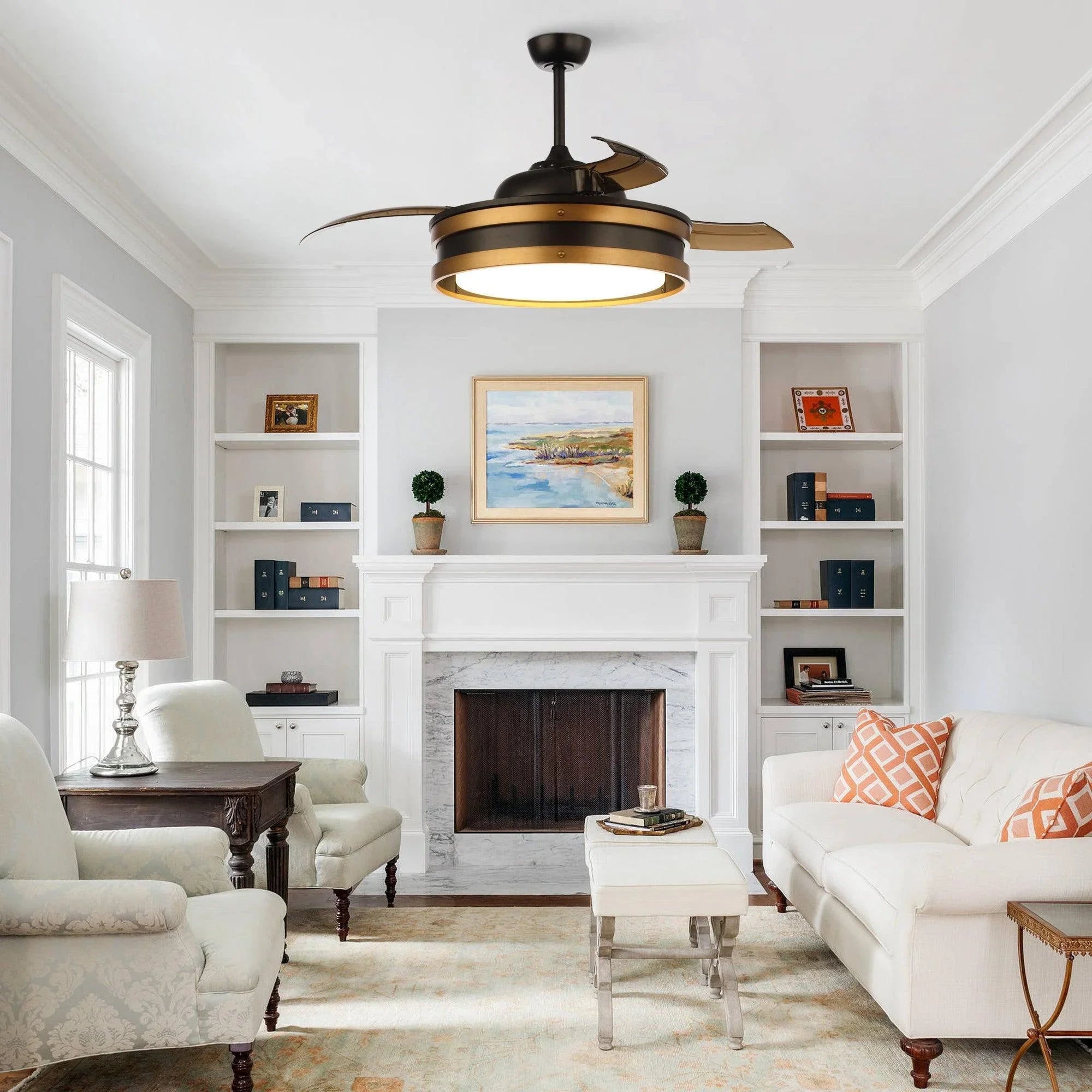 Black ceiling fan with LED light and bronze blades mounted in a living room.