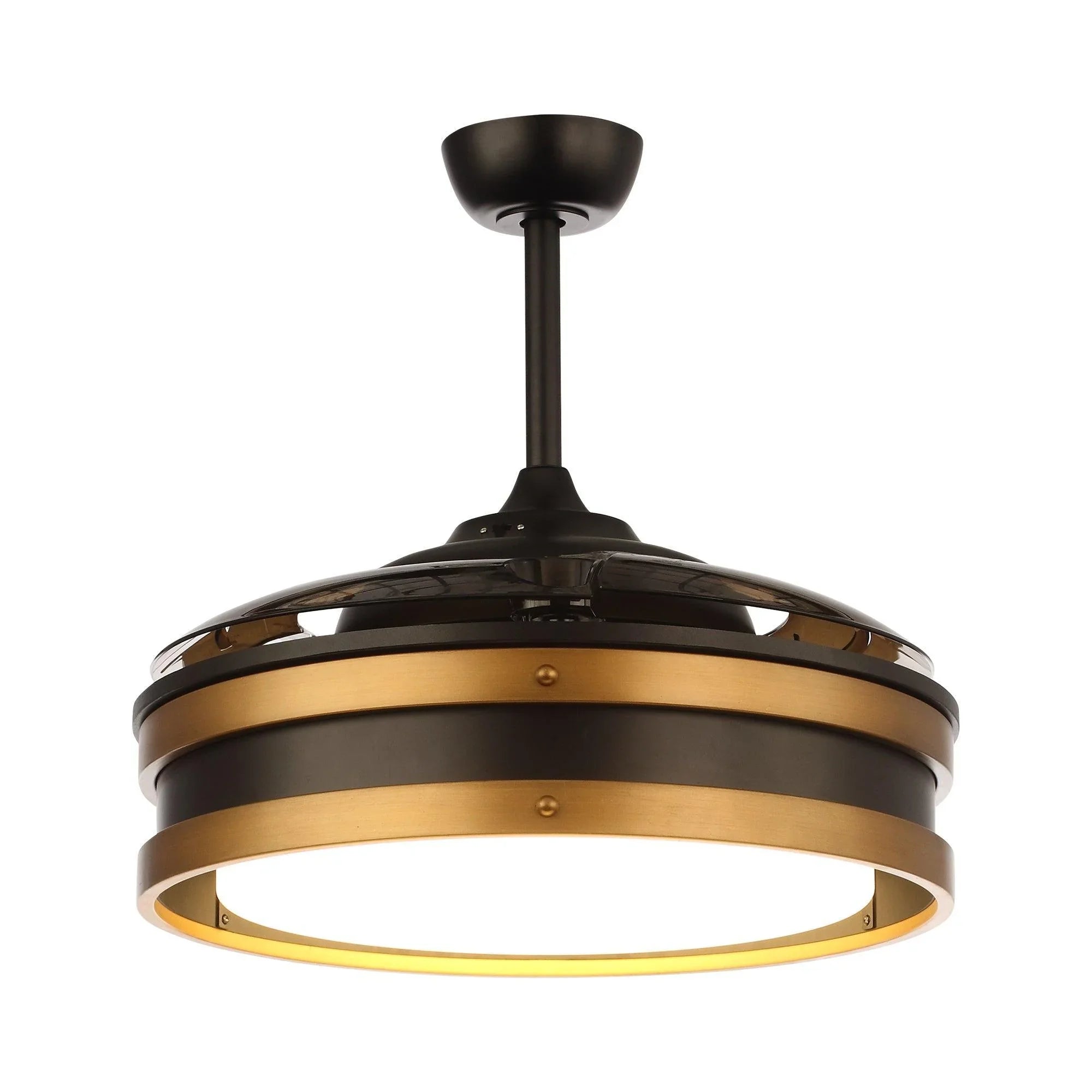 Black ceiling smart fan with glowing LED light and bronze ring accents