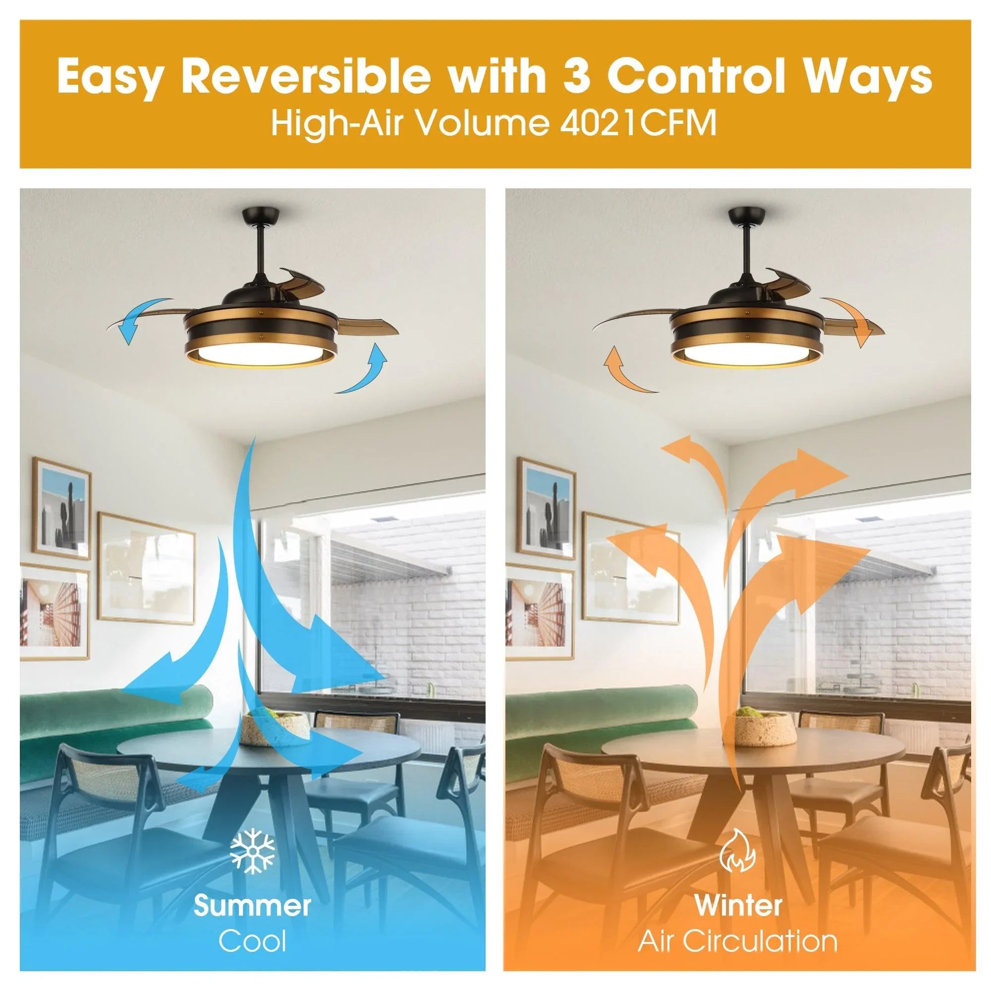 Ceiling smart fan with LED light, reversible airflow directions shown