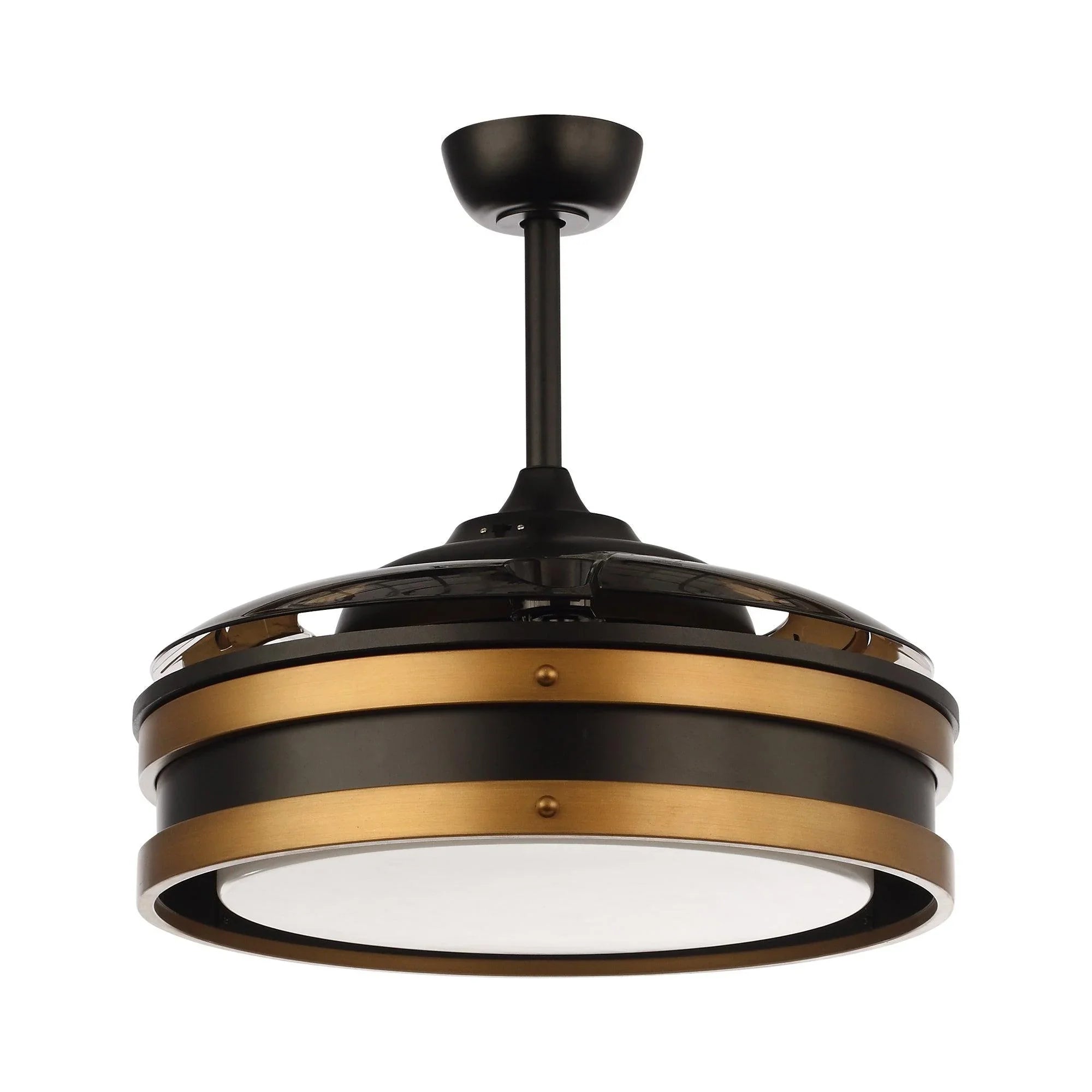 Black ceiling smart fan with LED light and bronze ring accents