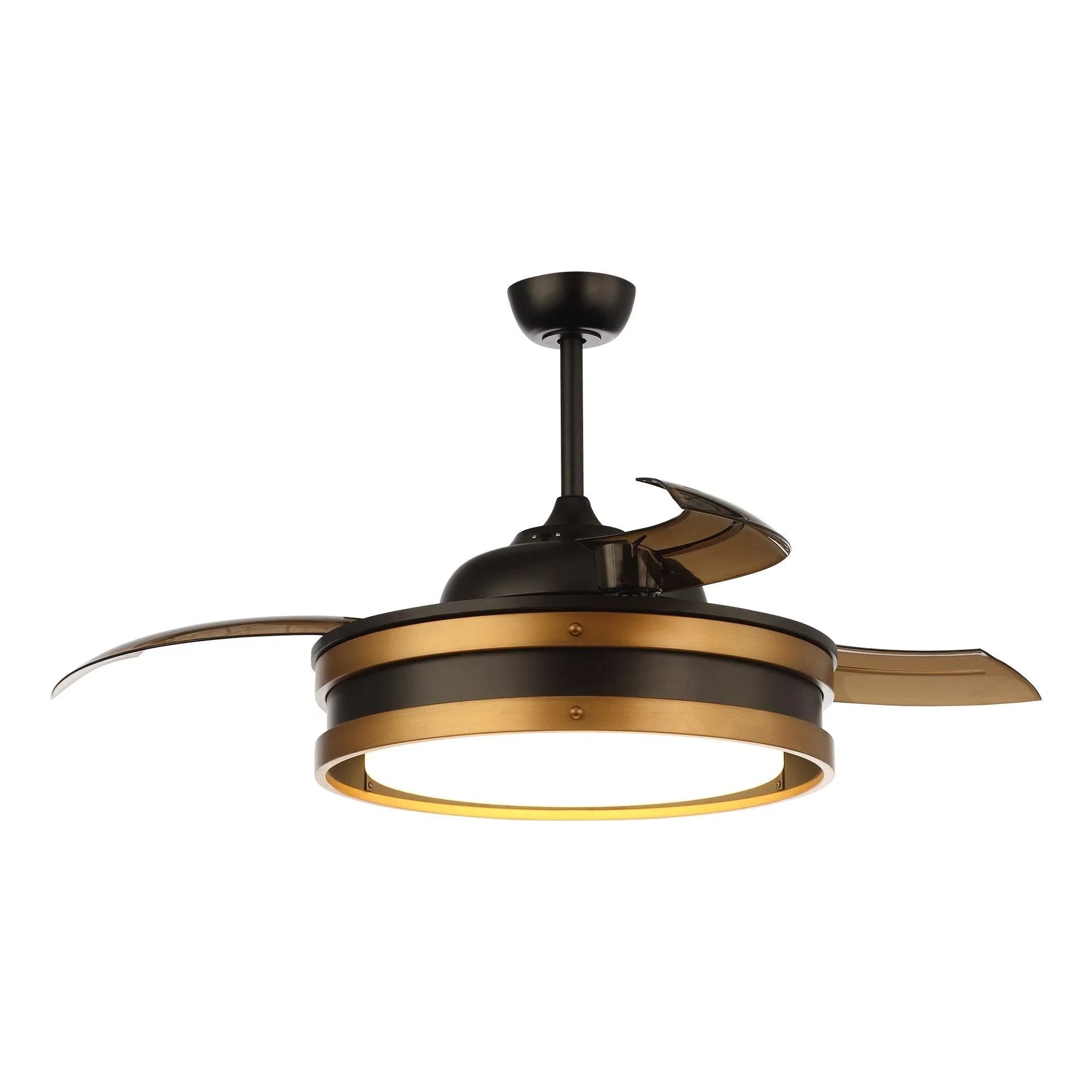 Black 52-inch smart ceiling fan with LED light ring and bronze blades.