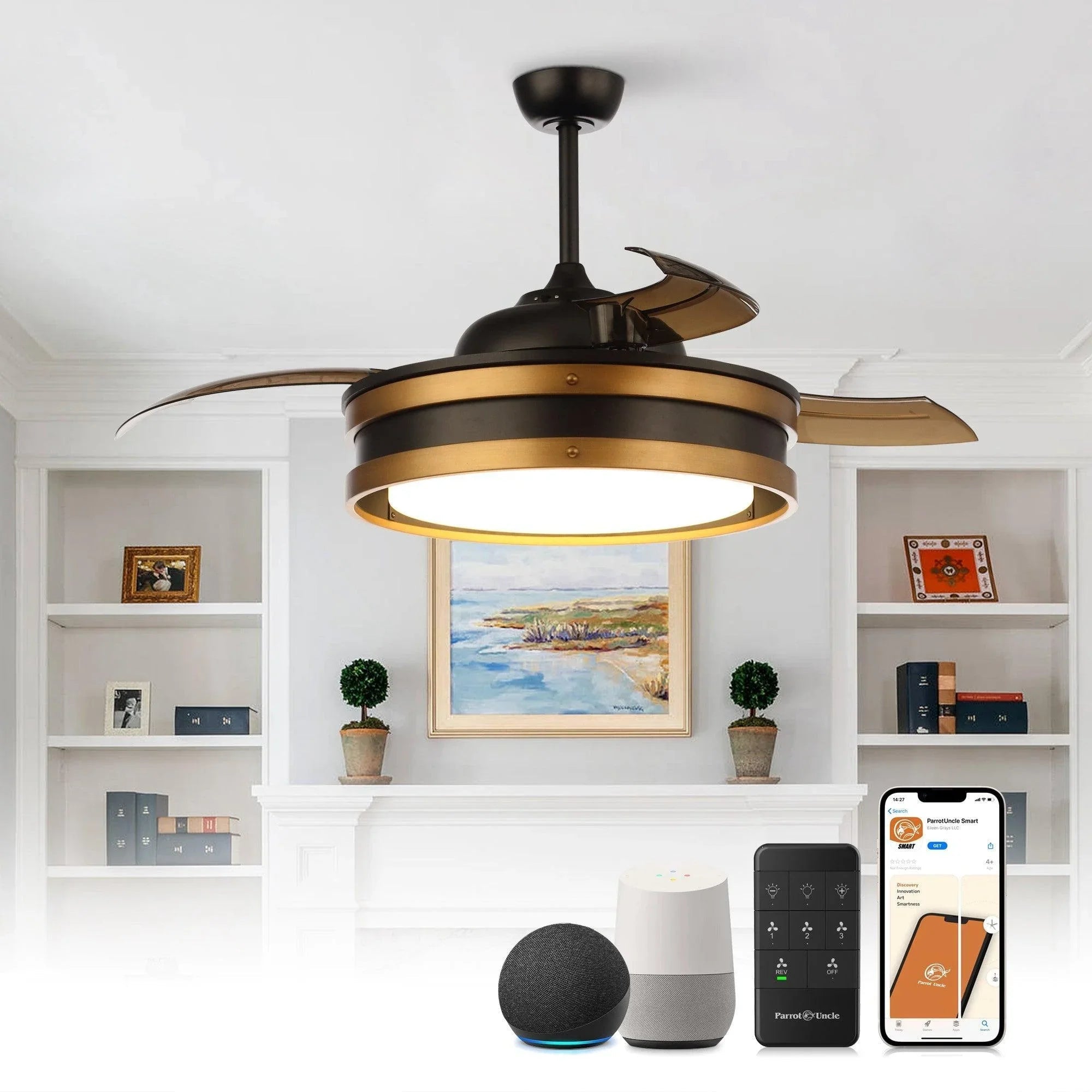 Black ceiling smart fan with LED light, with smart speaker and phone app nearby