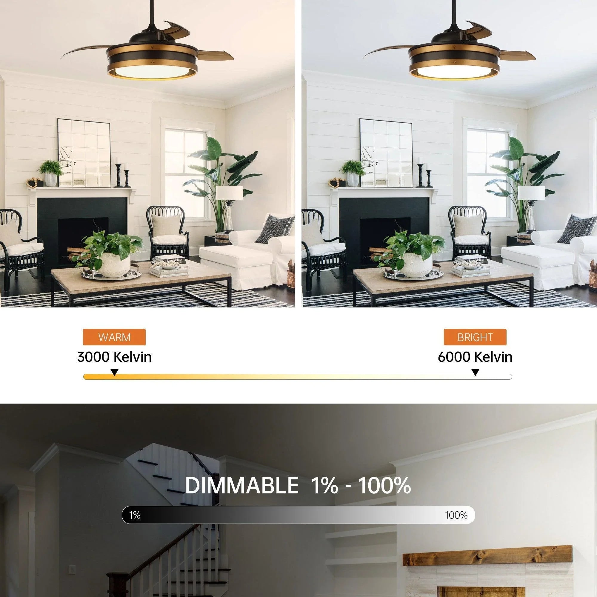 Ceiling smart fan with LED light, shown in warm and cool air settings