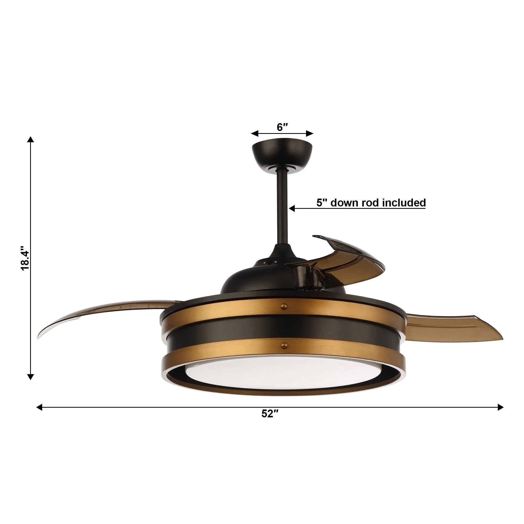 Black 52-inch ceiling smart fan with LED light; dimensions and downrod shown