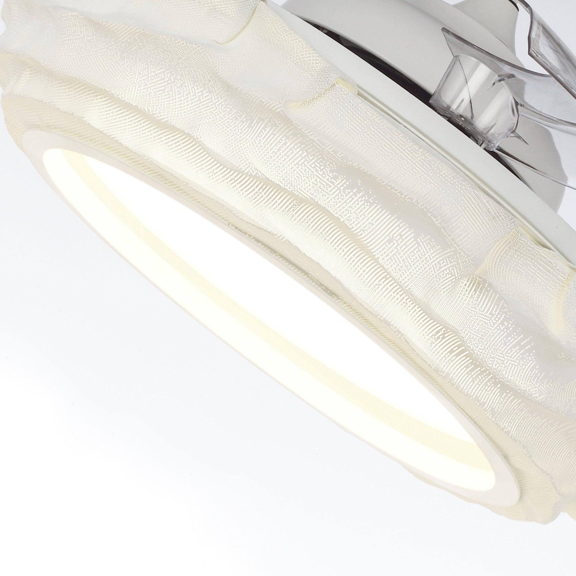 Close-up of white ceiling fan blade with LED light glow and clear blade housing