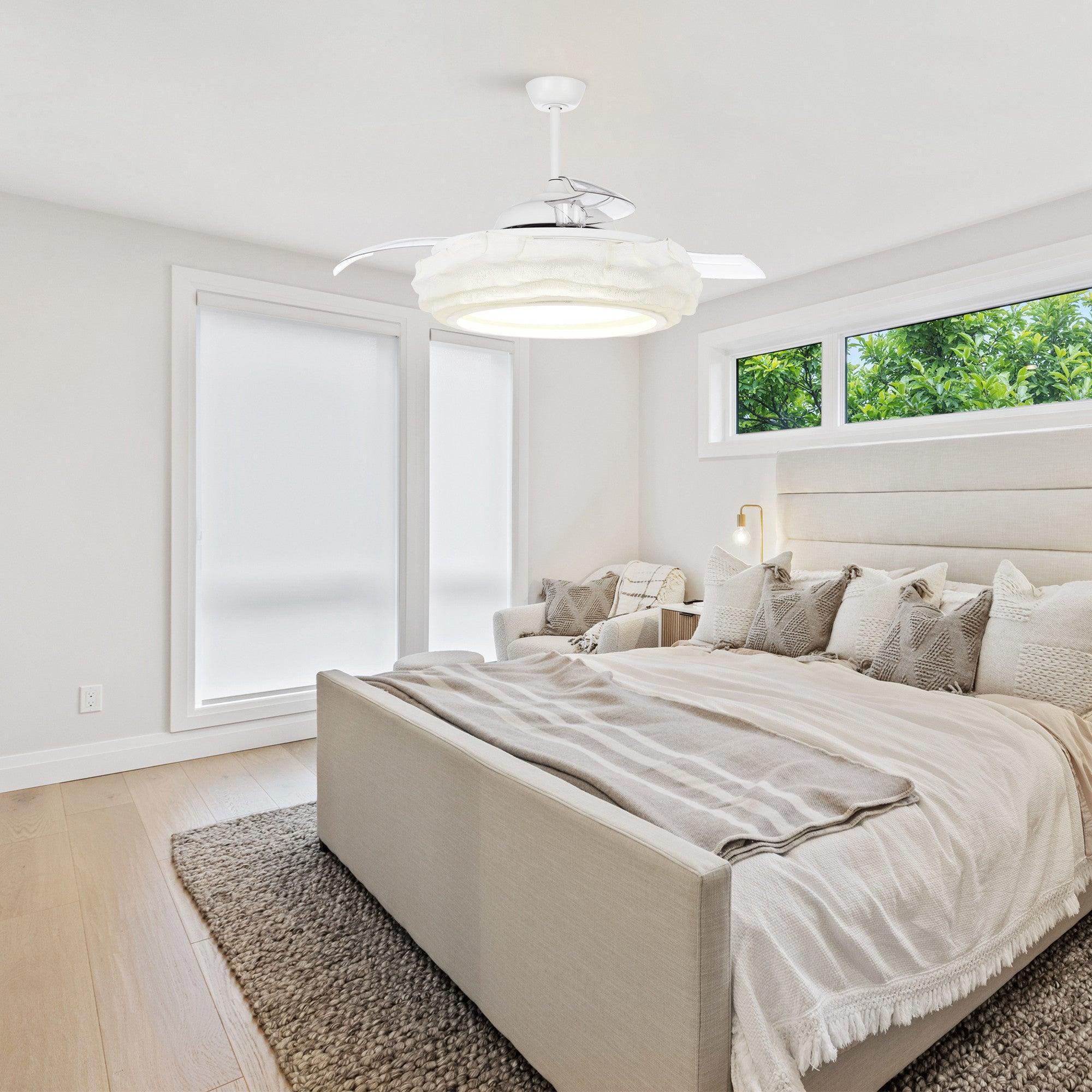 White ceiling fan with LED light in living room, fabric-look blades and clear housing