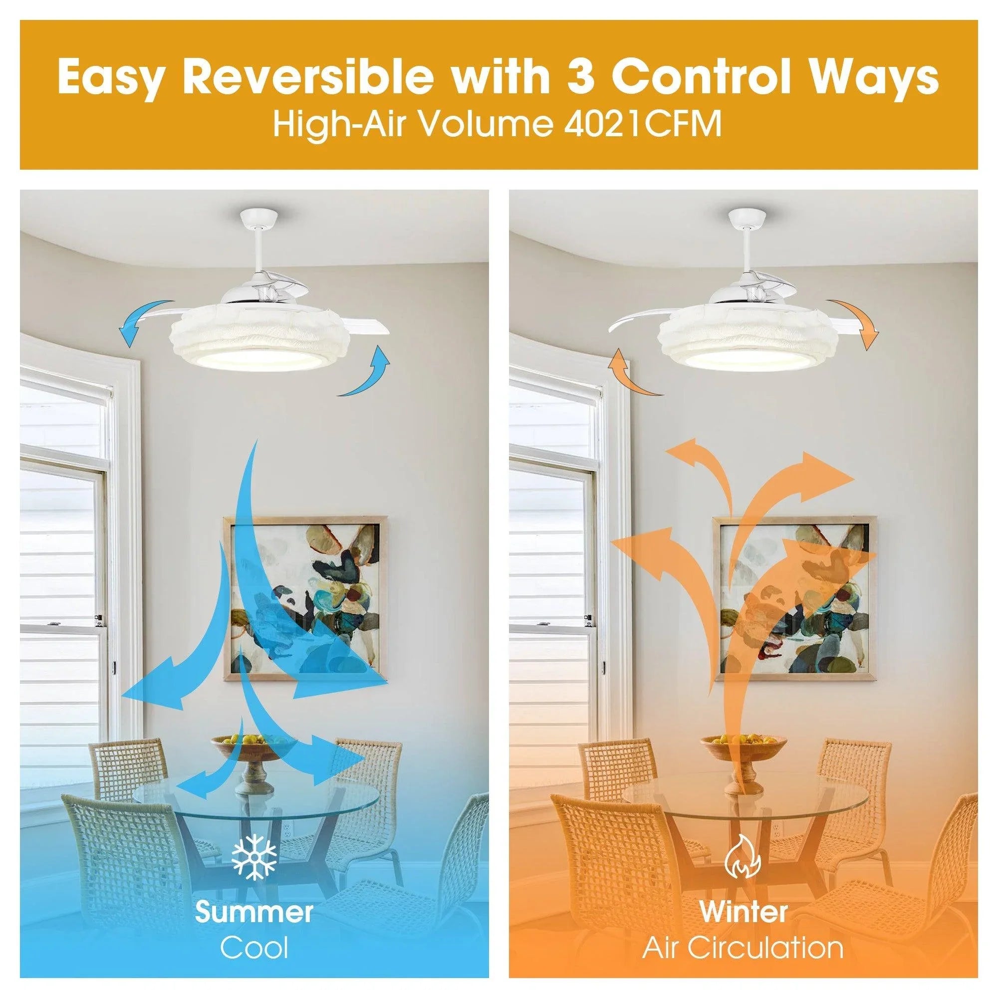 White reversible ceiling fan with LED light, airflow directions for summer and winter