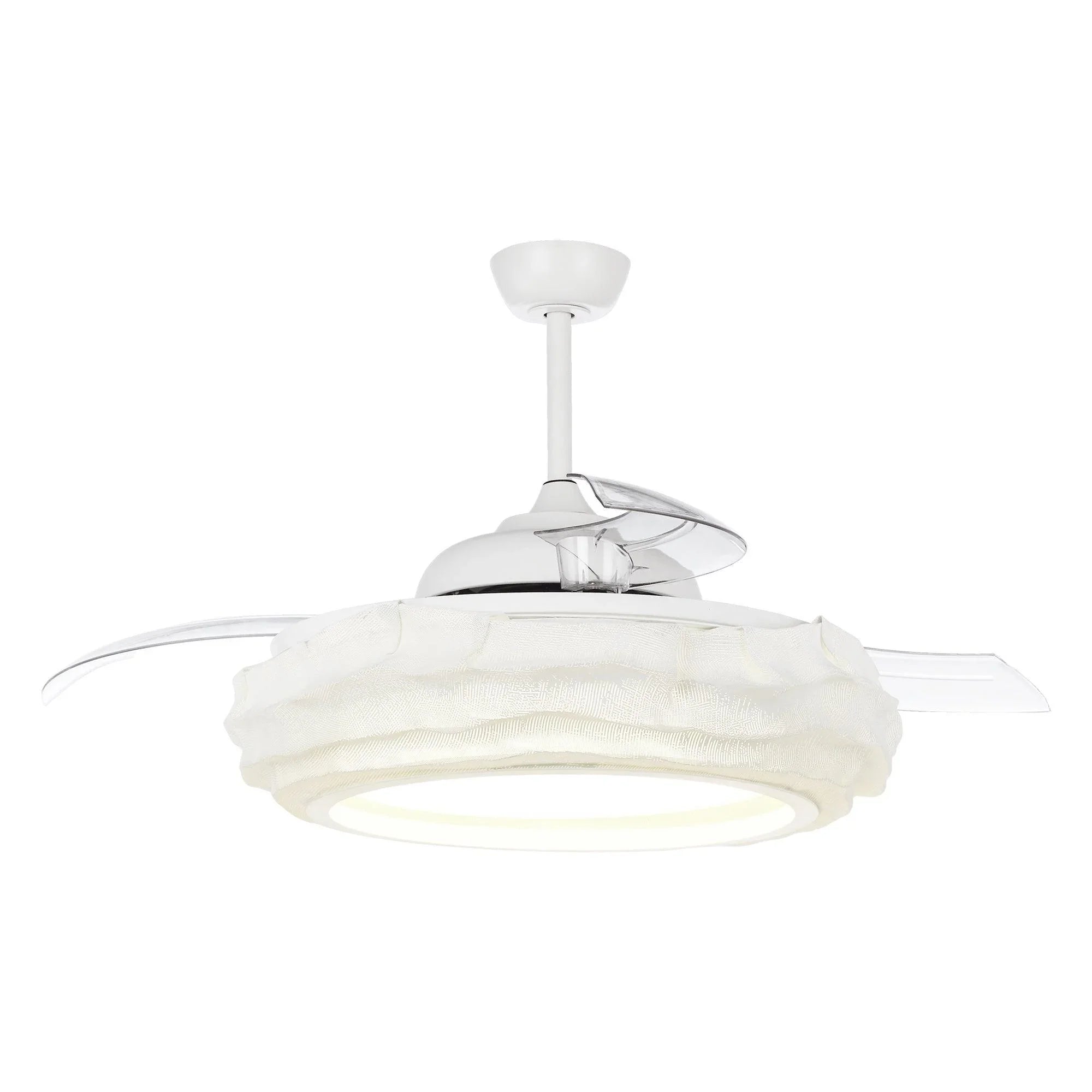 White ceiling fan with LED light, textured fabric-look blades and clear metal housing