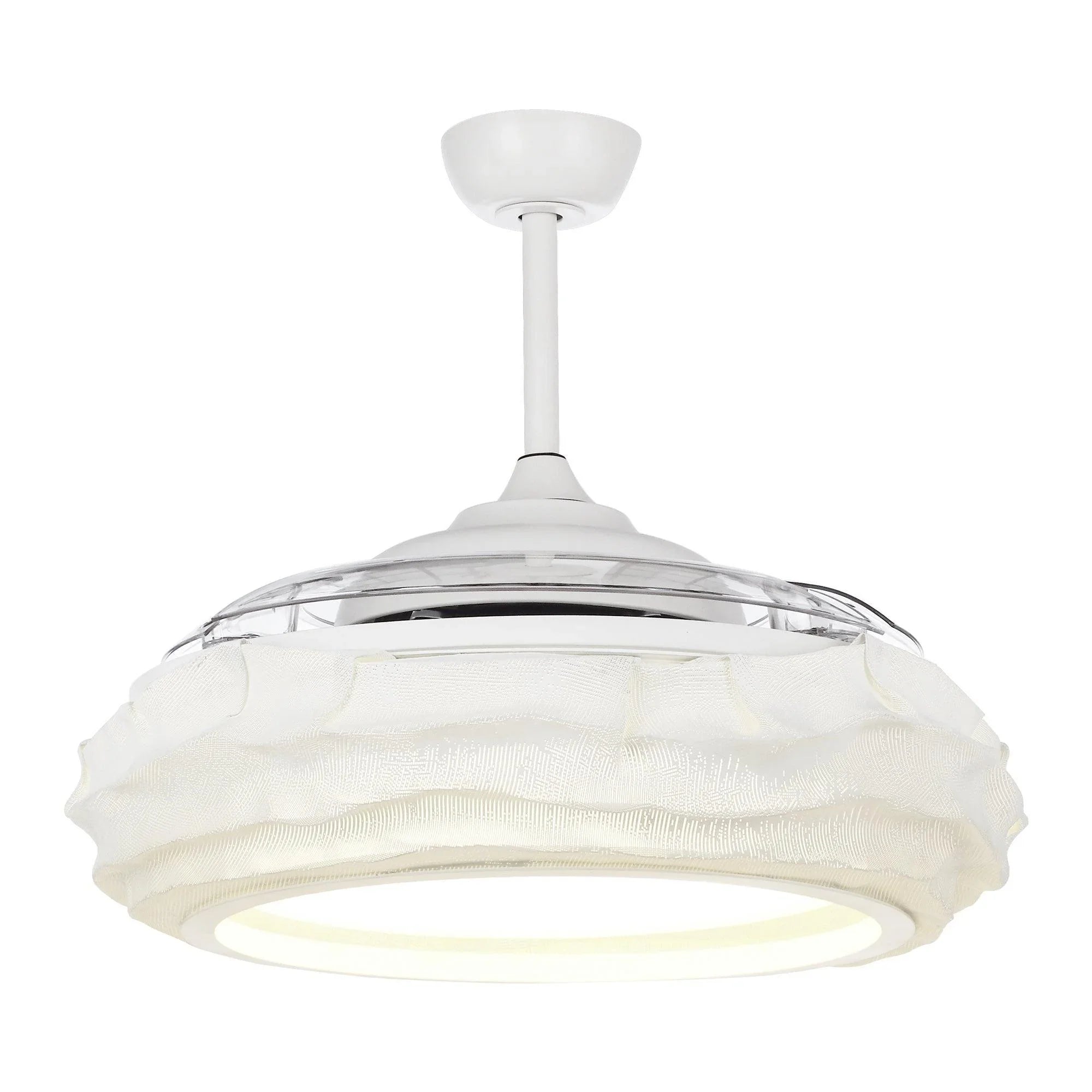 White ceiling fan with LED light, front view highlighting clear dome and fabric-look blades